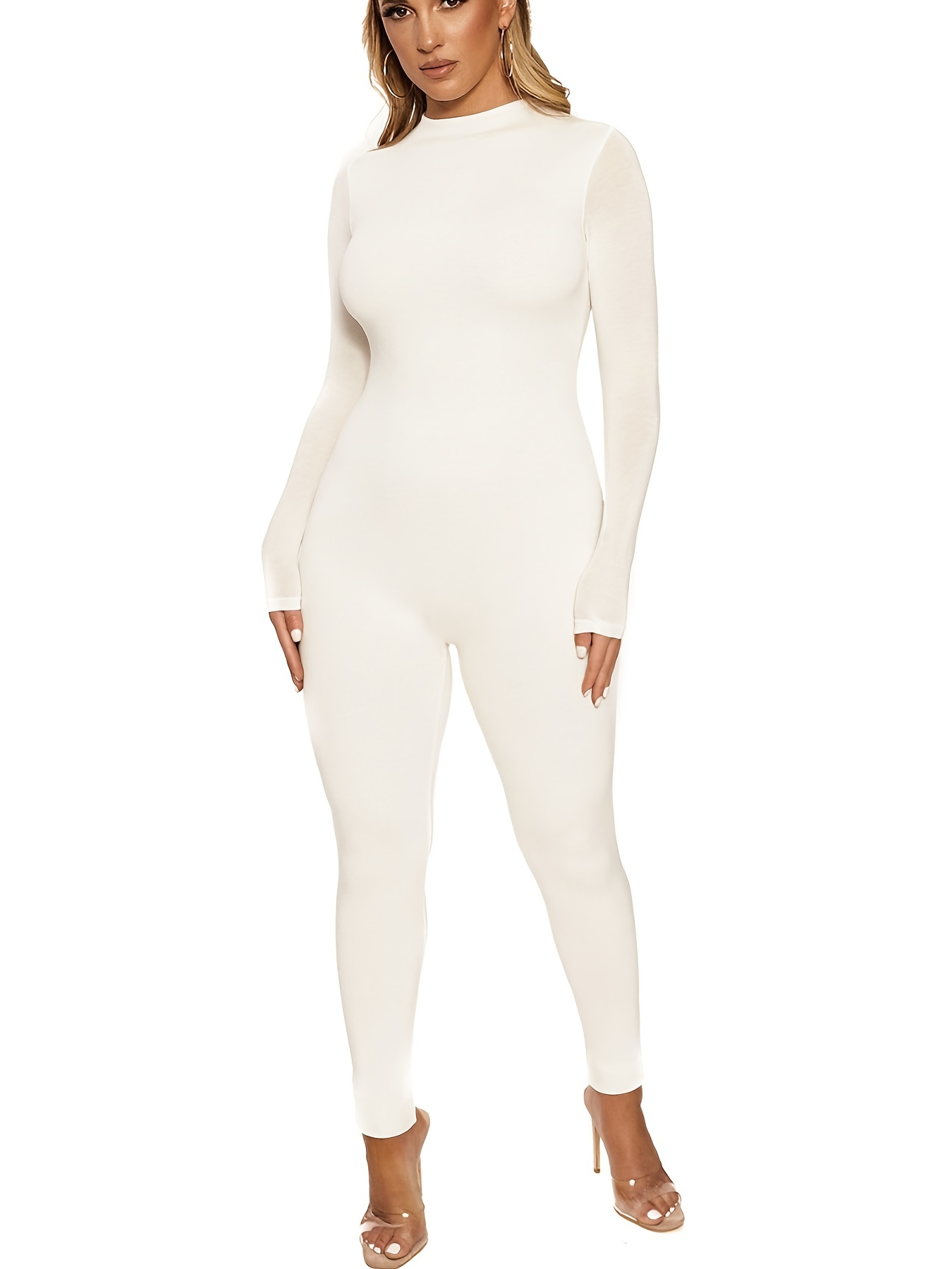 Boofeenaa Sport One Piece Outfit Winter Clothes Women Zipper Long Sleeve  Bodycon Jumpsuit Activewear Baddie Clothes C95 size S Color White