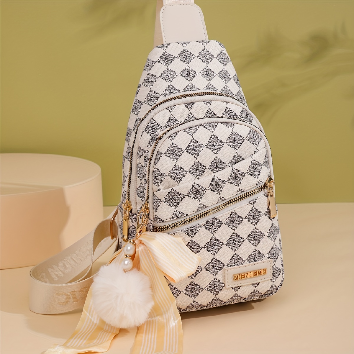 Retro Checkered Pattern Sling Bag, Trendy Pu Leather Crossbody Bag, Multi  Pockets Chest Bag With Pendant - Temu Australia