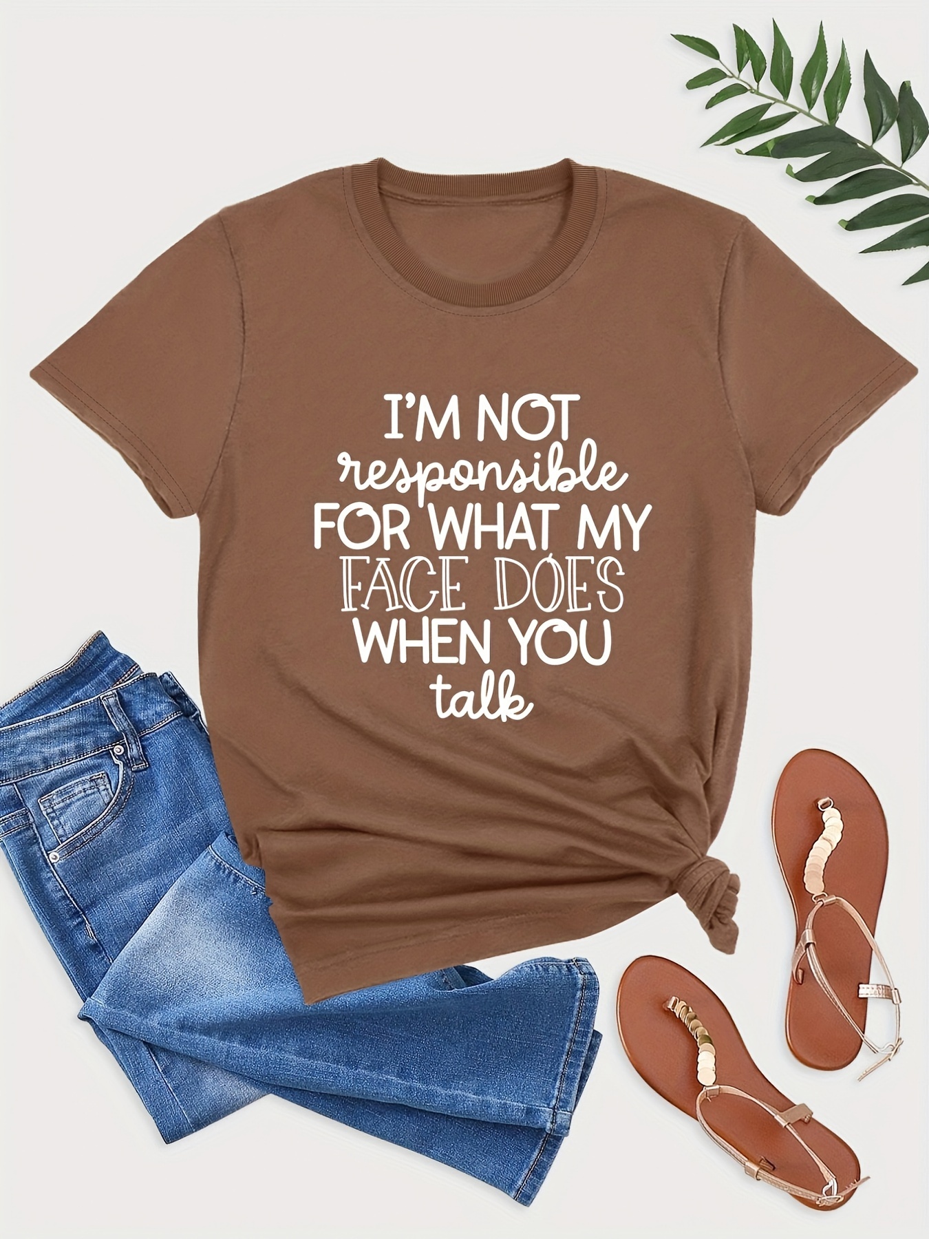 Plus Size Casual Tee, Women's Plus Letter Print Short Sleeve Round Neck Slight Stretch T-Shirt