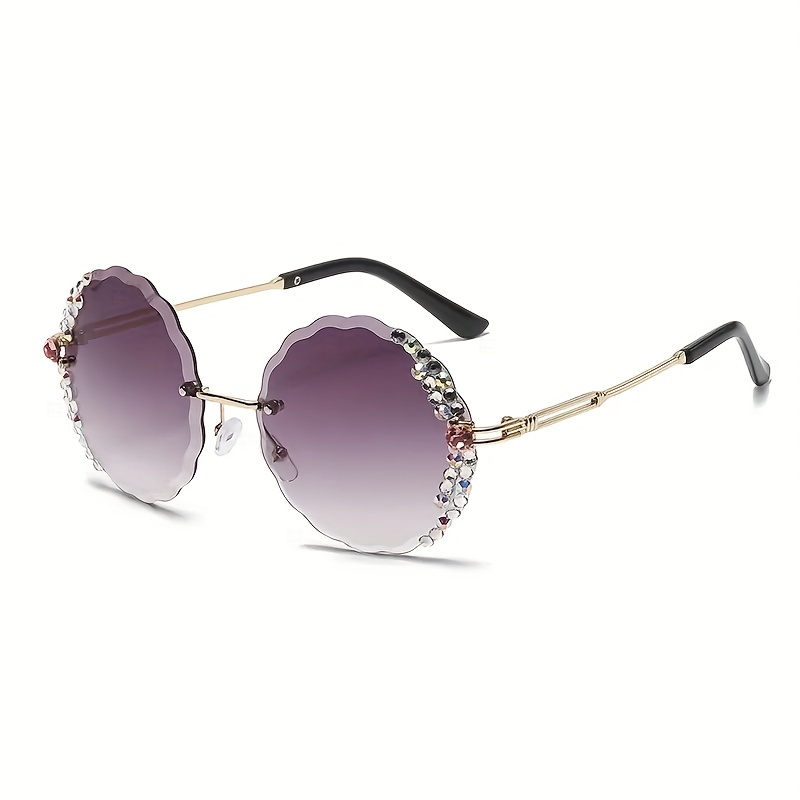 Rhinestone Decor Rimless Sunglasses Gradient Lens Flower Shaped Round Glasses