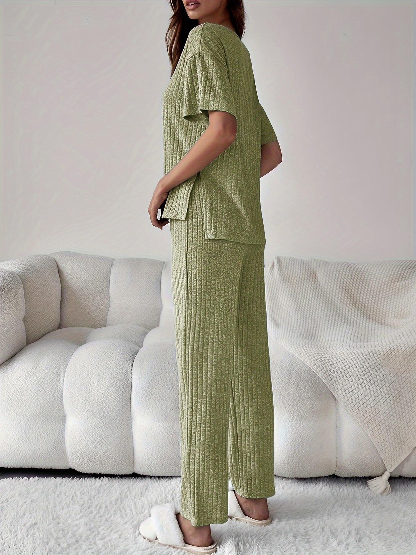 Ribbed Lounge Set Short Sleeve Top & Pants Women's Loungewear