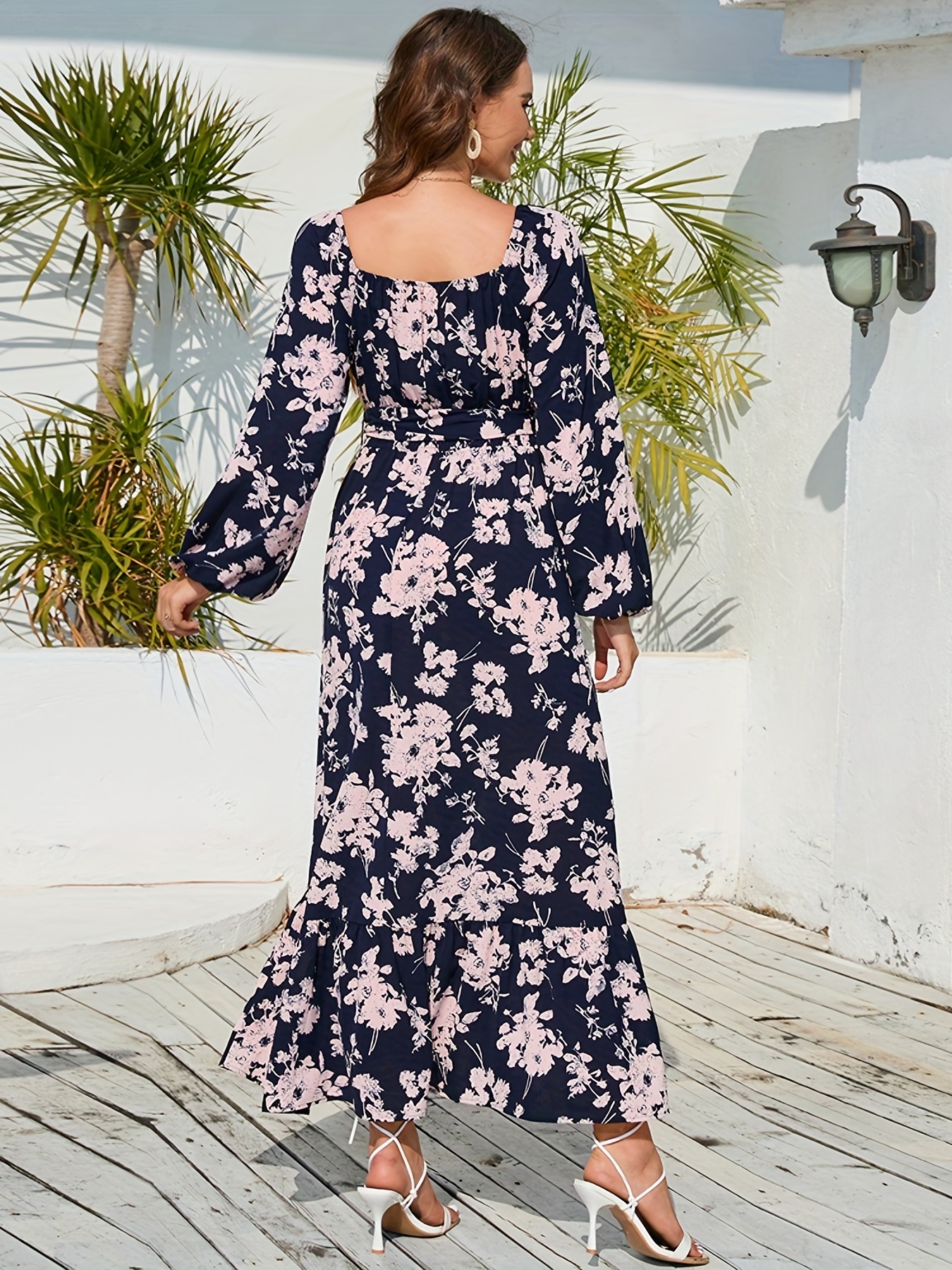 Tiered Floral Print Dress, Boho Lantern Sleeve V Neck Maxi Dress, Women's  Clothing