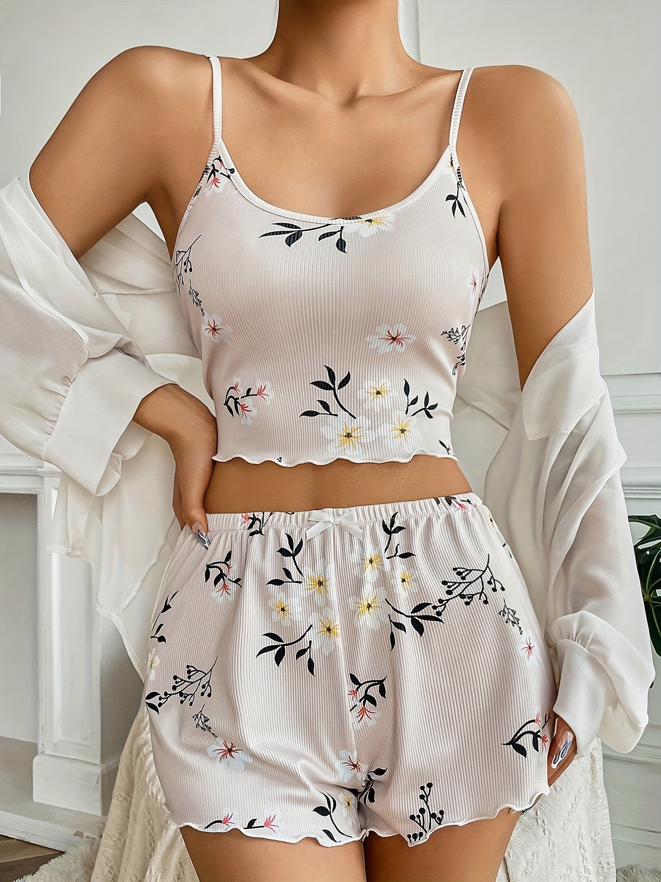 Pyjama cami top and shorts - White/Floral - Ladies