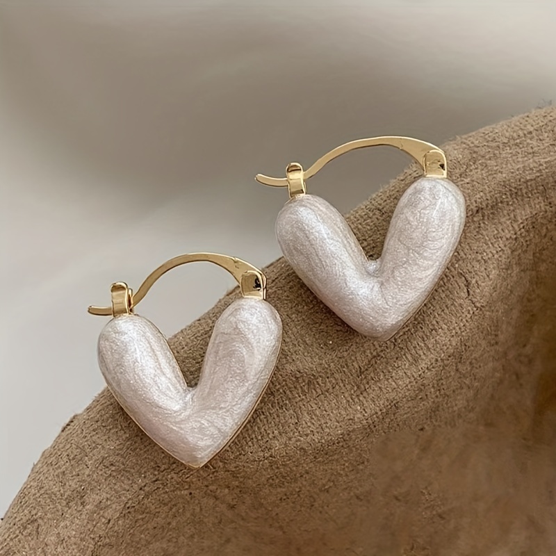 heart shape white synthetic gems decor hoop earrings elegant style alloy 14k plated jewelry gift for lovers
