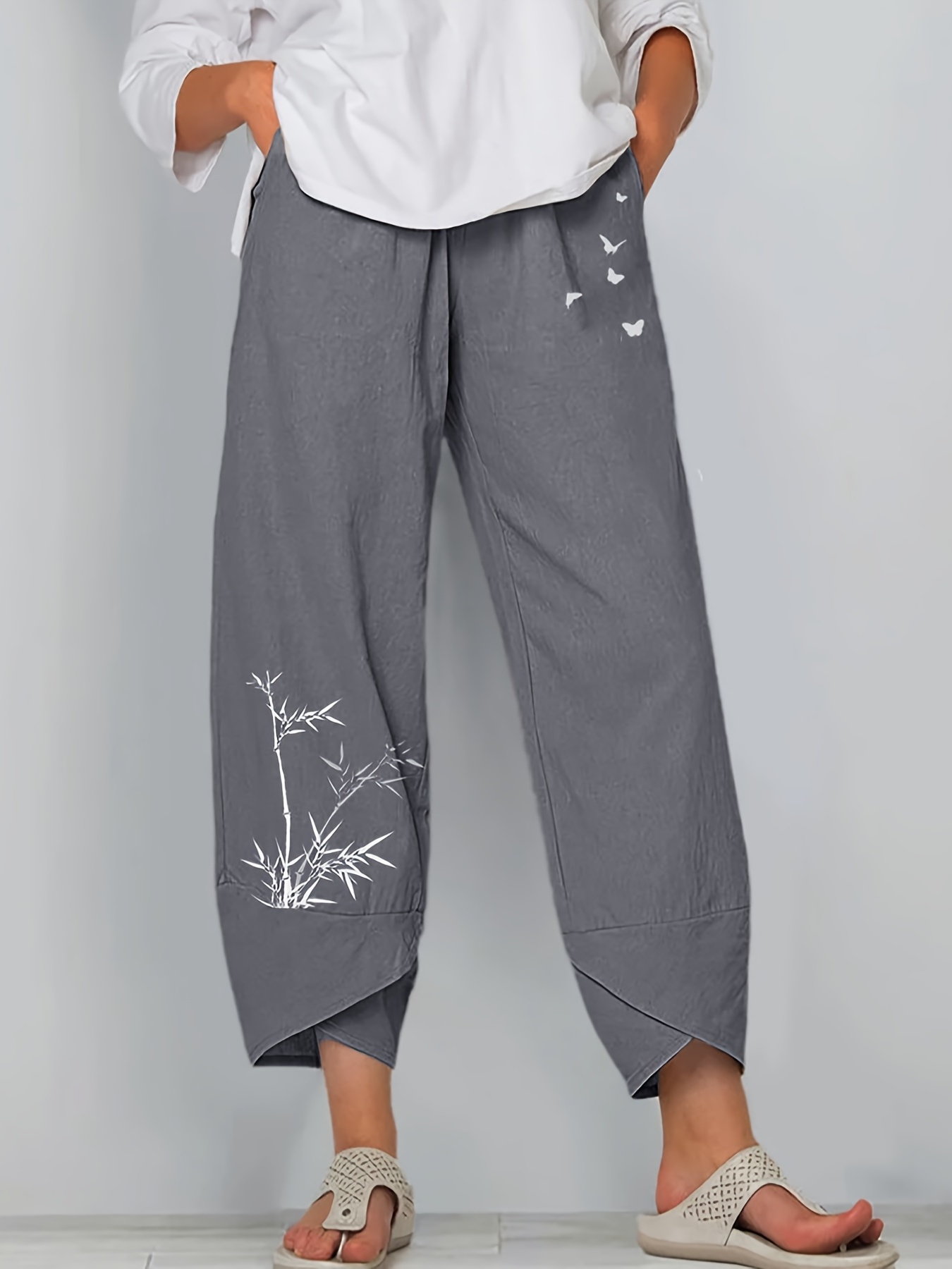 Women's Pants Loose Solid Elastic Waist Pocket Harem Pants Cotton