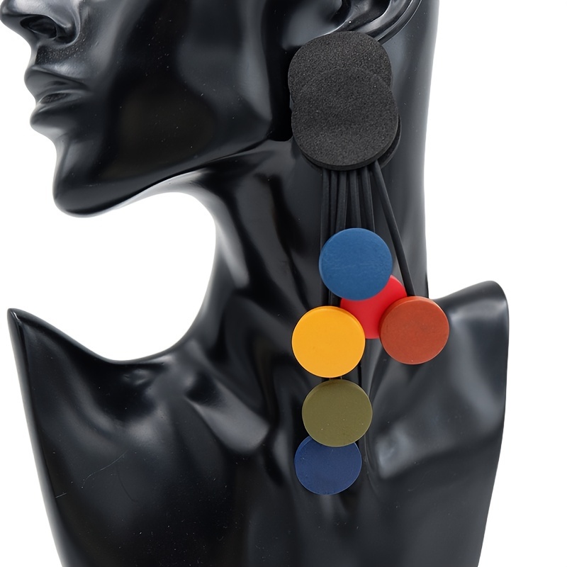 Image of Colorful Bohemian Silicone Dangle Earrings For Women - Stylish Tassel Design With Black, Blue, Yellow, Red, And Green Circles, Perfect For Casual Attire Or Parties, Quirky Earrings