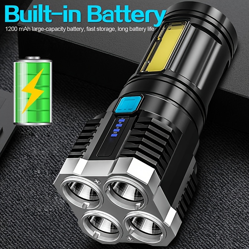 1pc led flashlight powerful 4 led flashlight with cob side light 4 modes usb rechargeable led torch waterproof built in battery flashlight camping tool details 3