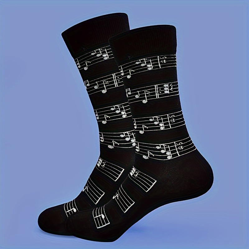 Image of 1 Pair Music Note Pattern Socks - Black With White Musical , Mid-calf Length, Unisex , Machine Washable, Stylish & Comfortable For Casual Attire, Gifts, Musicthemed Apparel, Comfortable Sock Material