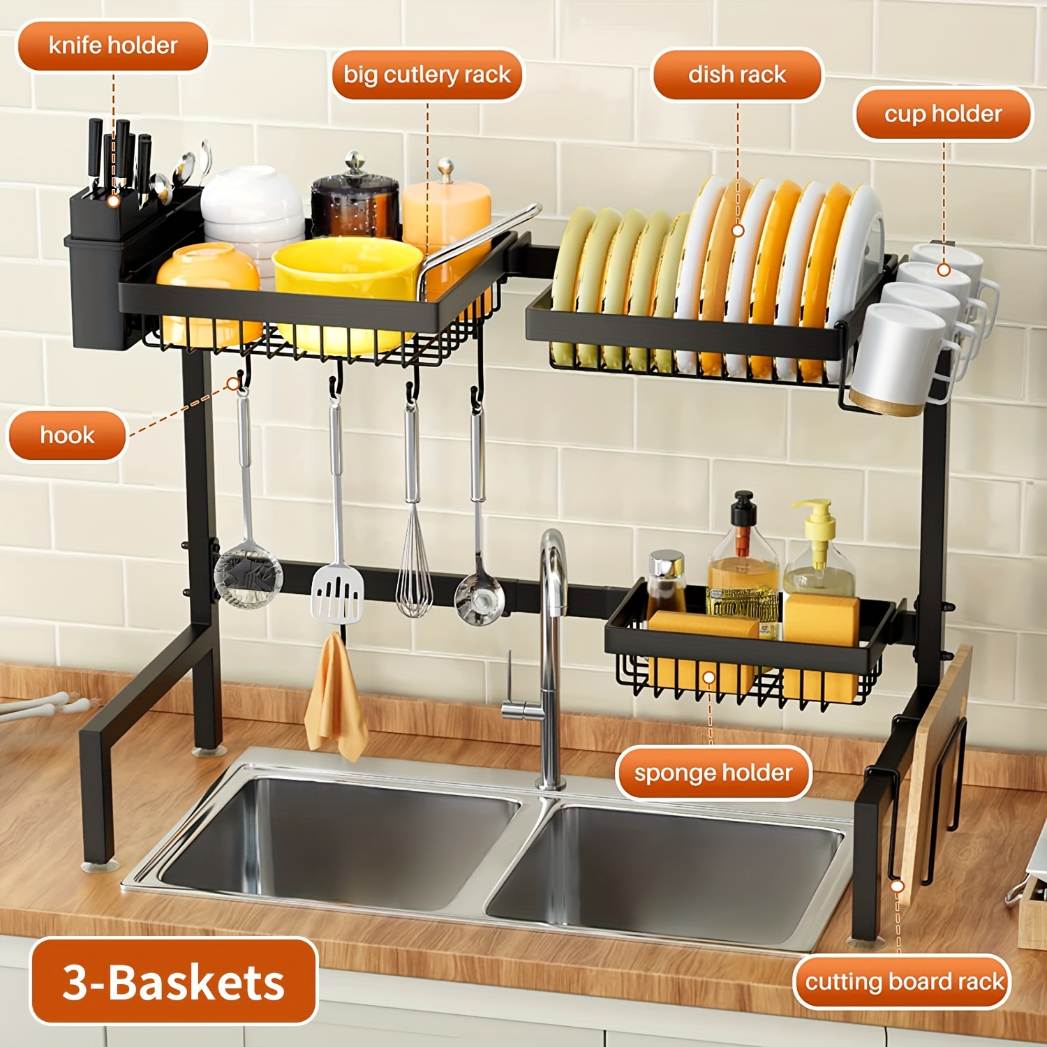 Over the Sink Dish Drying Rack - 3 Tier Stainless Steel Large Kitchen Rack  Dish Drainers for Home Kitchen Counter Storage, Shelf with Utensil Holder, Above  Sink Non-Slip Shelves Organizer 