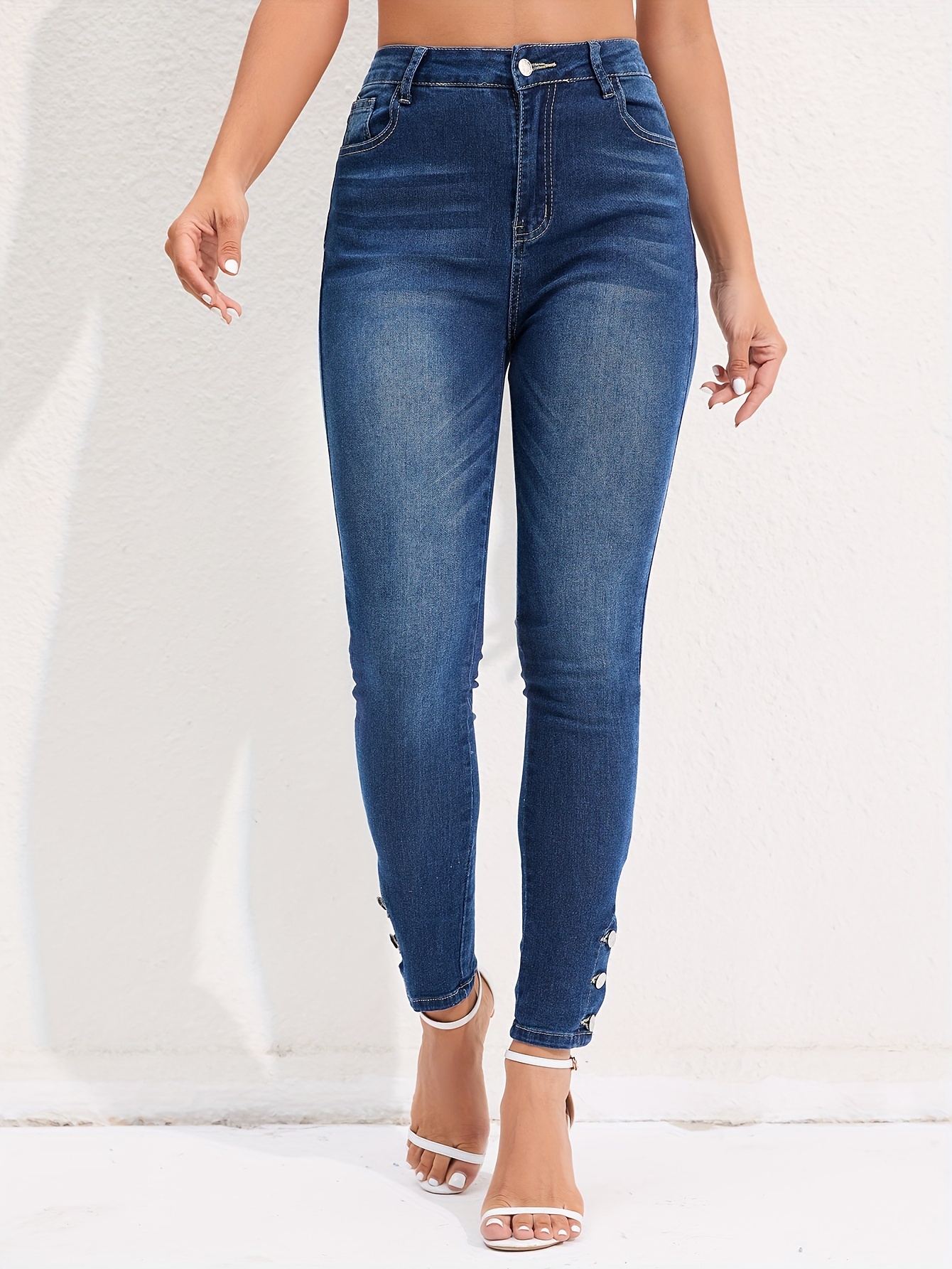High Rise Stretchy Cropped Skinny Jeans, High Waist Solid Color Tight Fit  Denim Pants, Women's Denim & Clothing