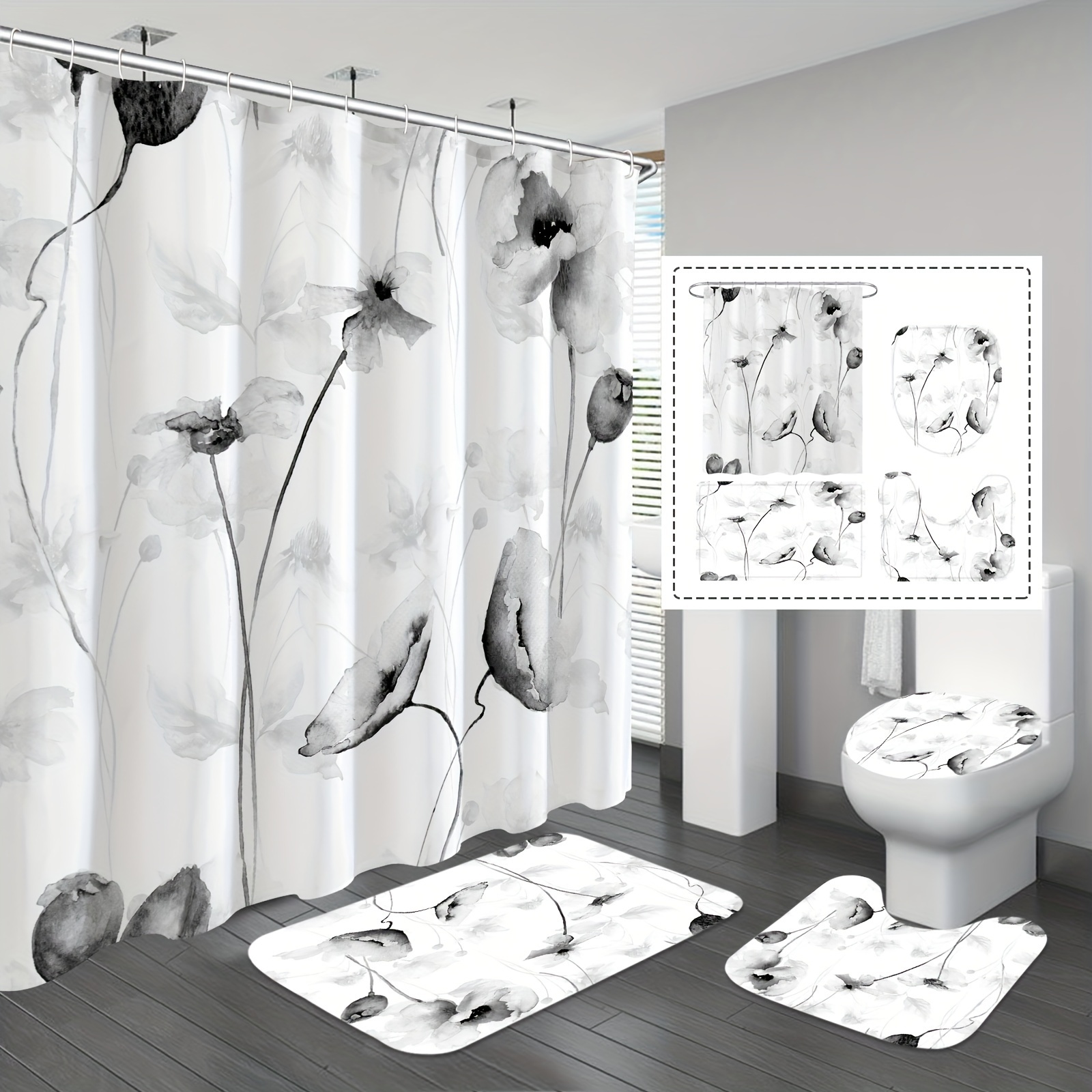 1/4pcs Green Frog Butterfly Shower Curtain Set, Flower Waterproof Polyester  Fabric Shower Curtains For Bathroom, Bathroom Rug, Toilet U-Shape Mat