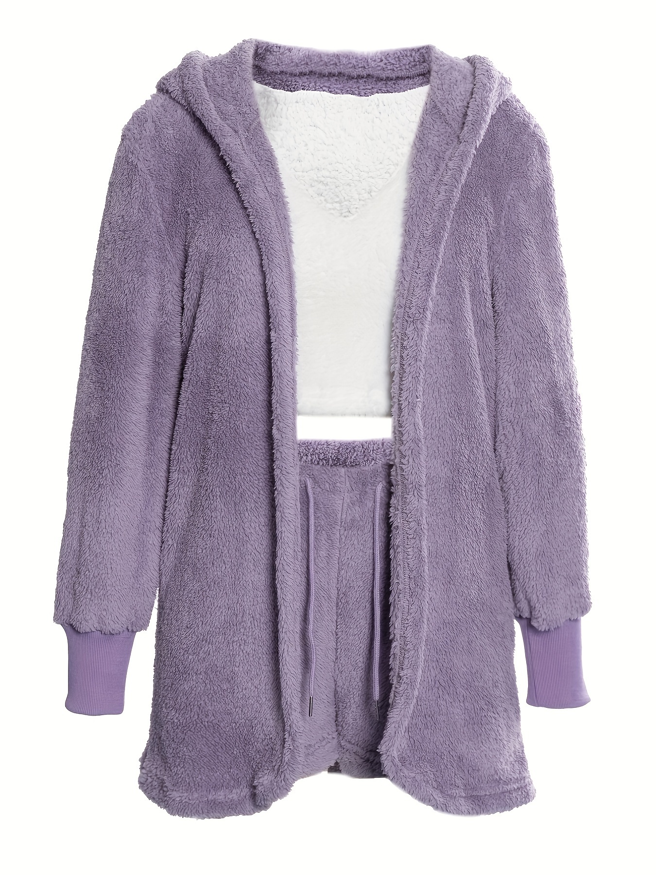 Warm Fuzzy Pajama Set, Long Sleeve Hooded Robe & Tank Top & Drawstring  Shorts, Women's Sleepwear & Loungewear