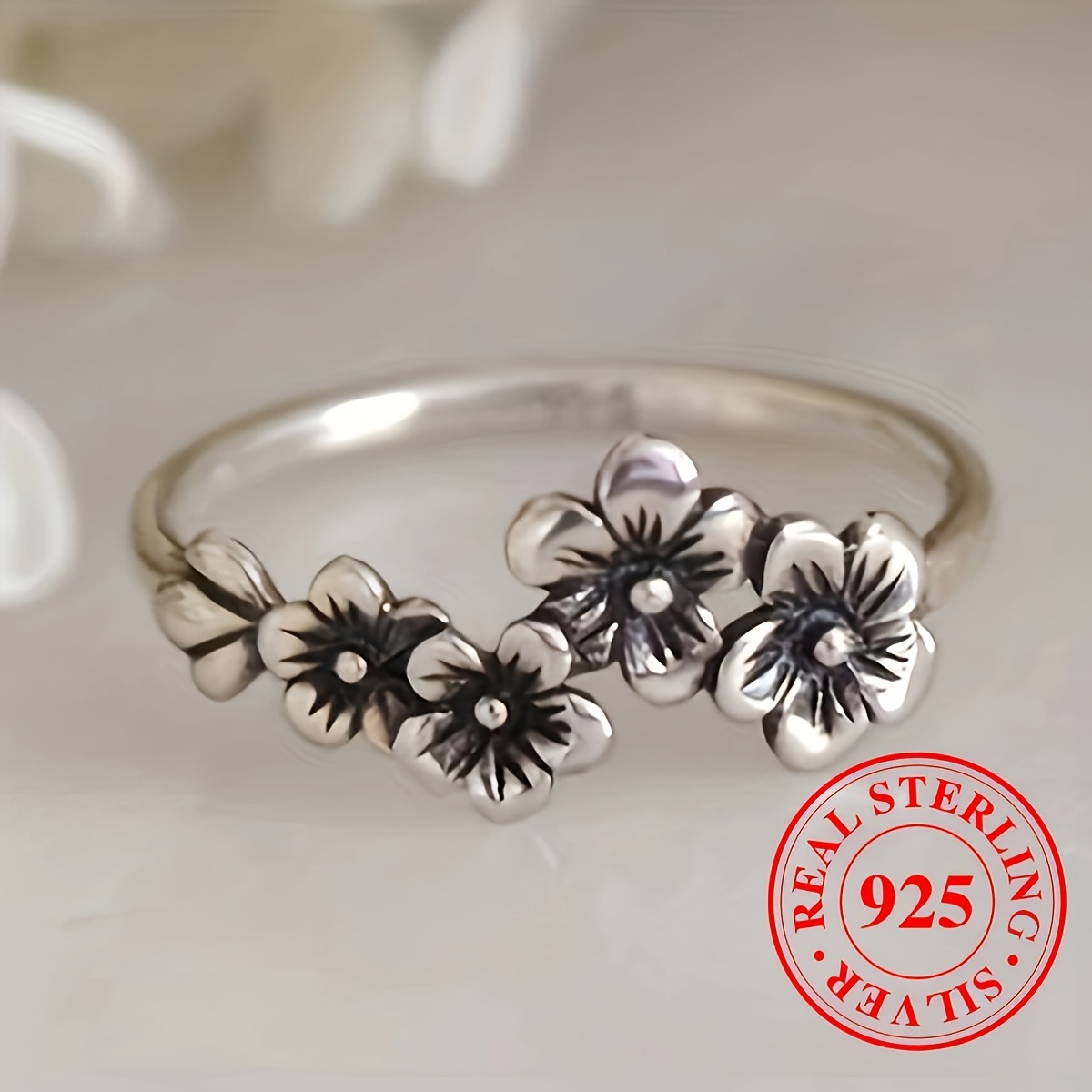 925 Sterling Silver Promise Ring with Retro Flower Design