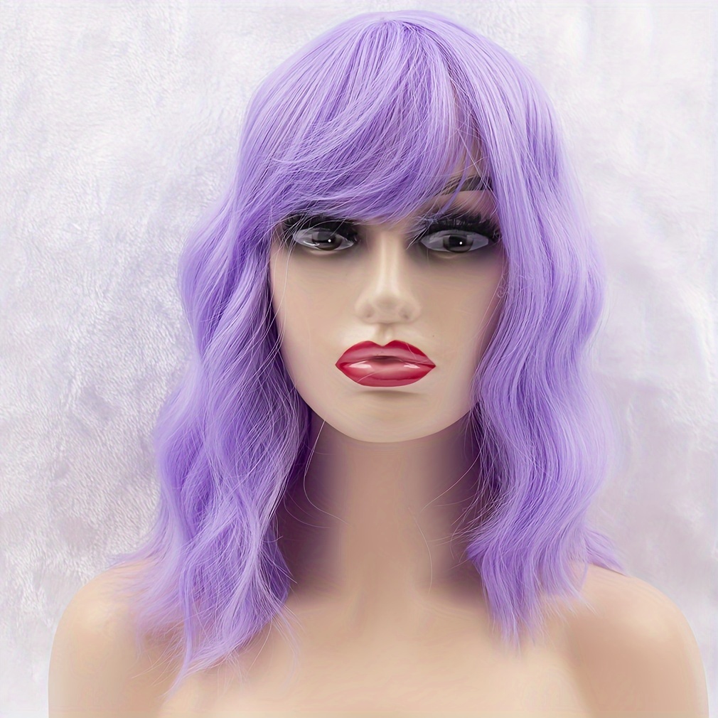 Pastel Wavy Wig With Air Bangs Women s Short Bob Purple Temu