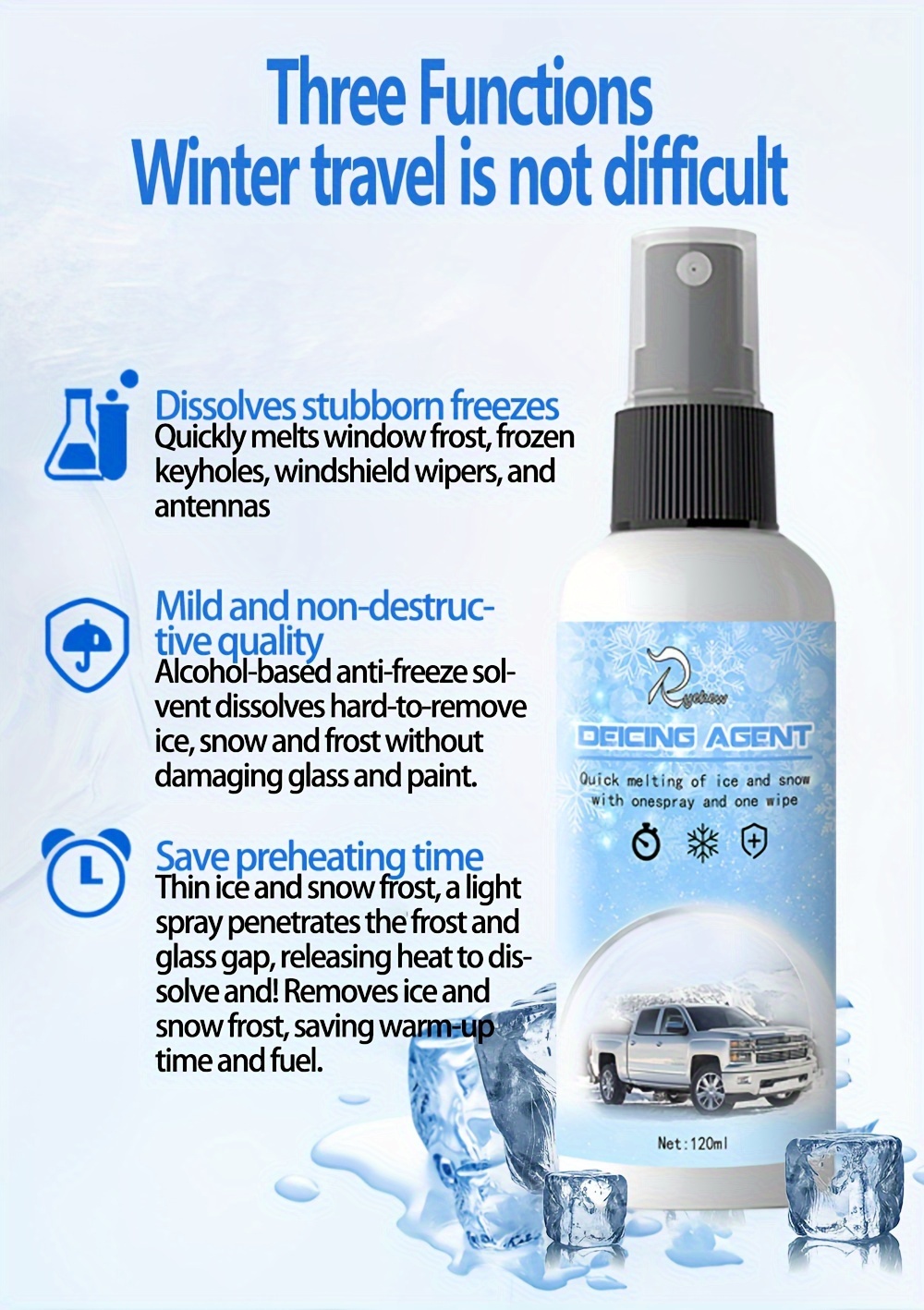 120ml Car Snow Melting & Deicing Fluid, Winter Anti-Ice Spray For