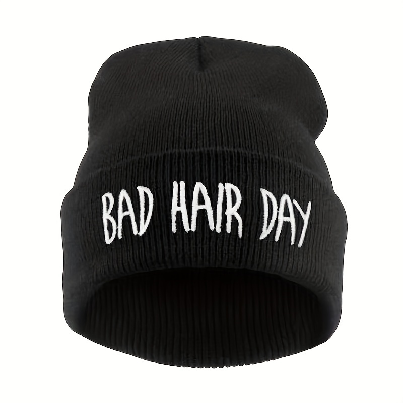 

Bad Hair Day Graphic Beanie Trendy Embroidered Black Coldproof Skull Cap Casual Elastic Knit Hats Cuffed Beanies For Women Men Autumn & Winter