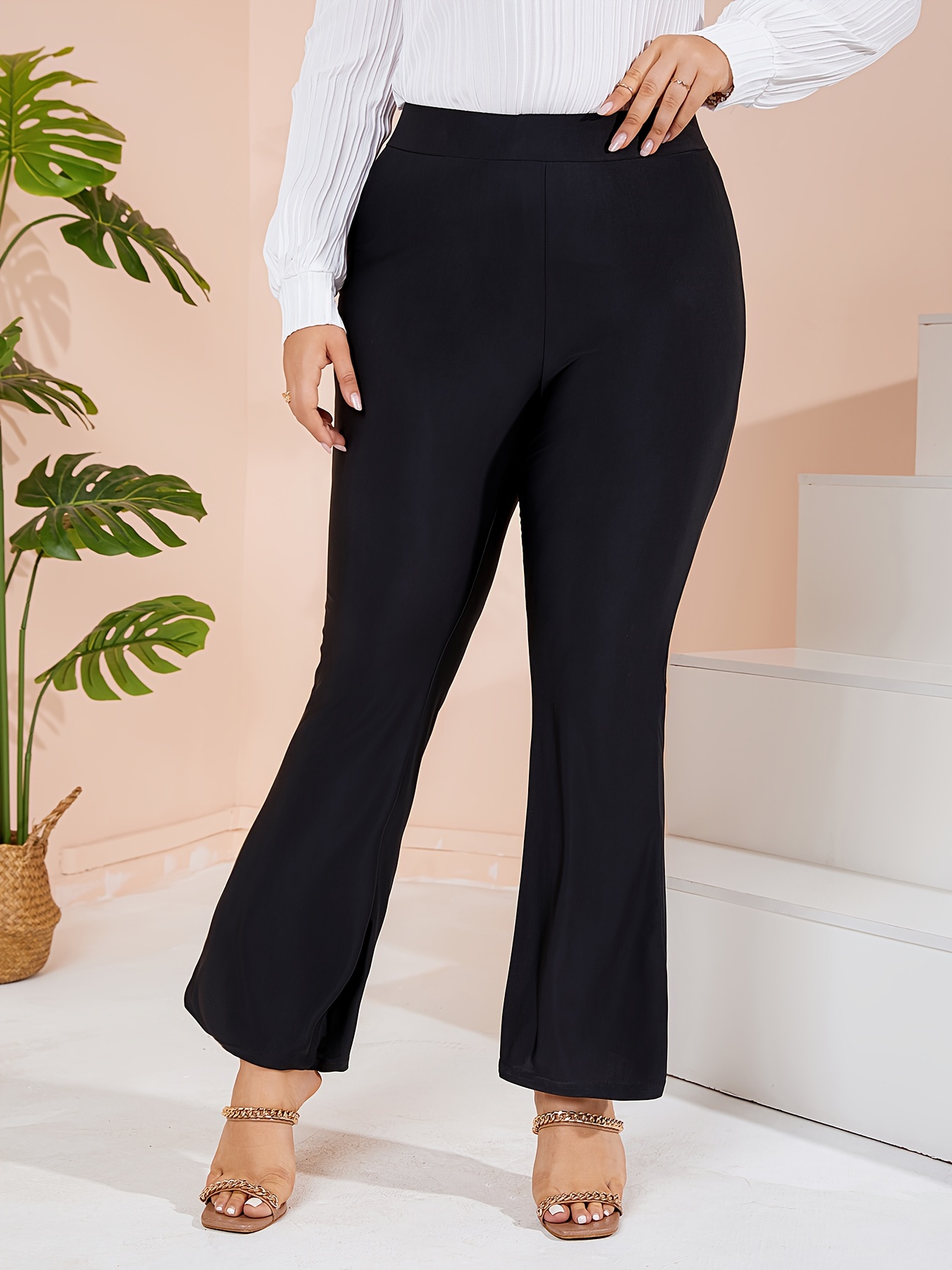 Plus Size High Rise Flared Leg Pants, Women's Plus Solid Slight Stretch  Elegant Flared Leg Pants