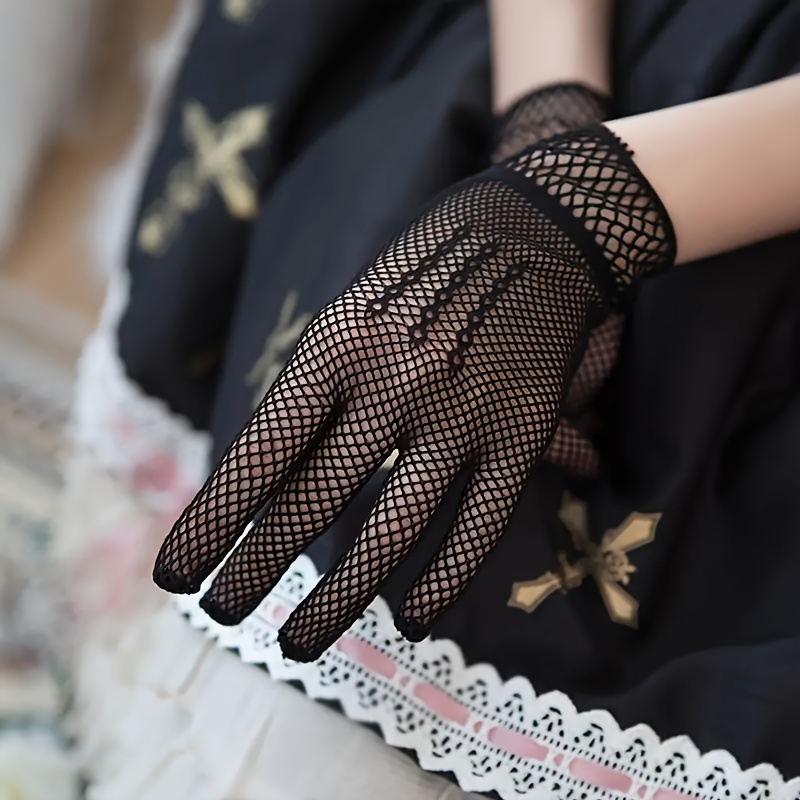 Womens Mesh Fishnet Gloves Black White Lace Bow Gloves Full Finger