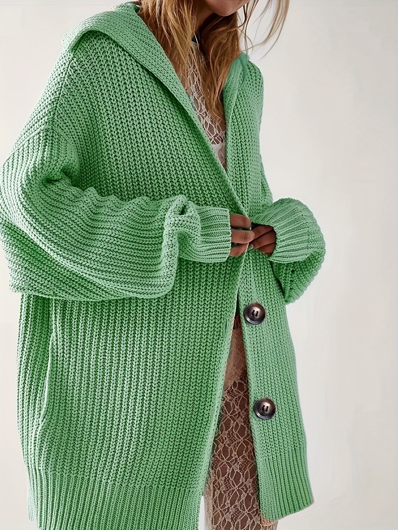 Cable Knit Button Cardigan Elegant Turndown Collar Long - Temu