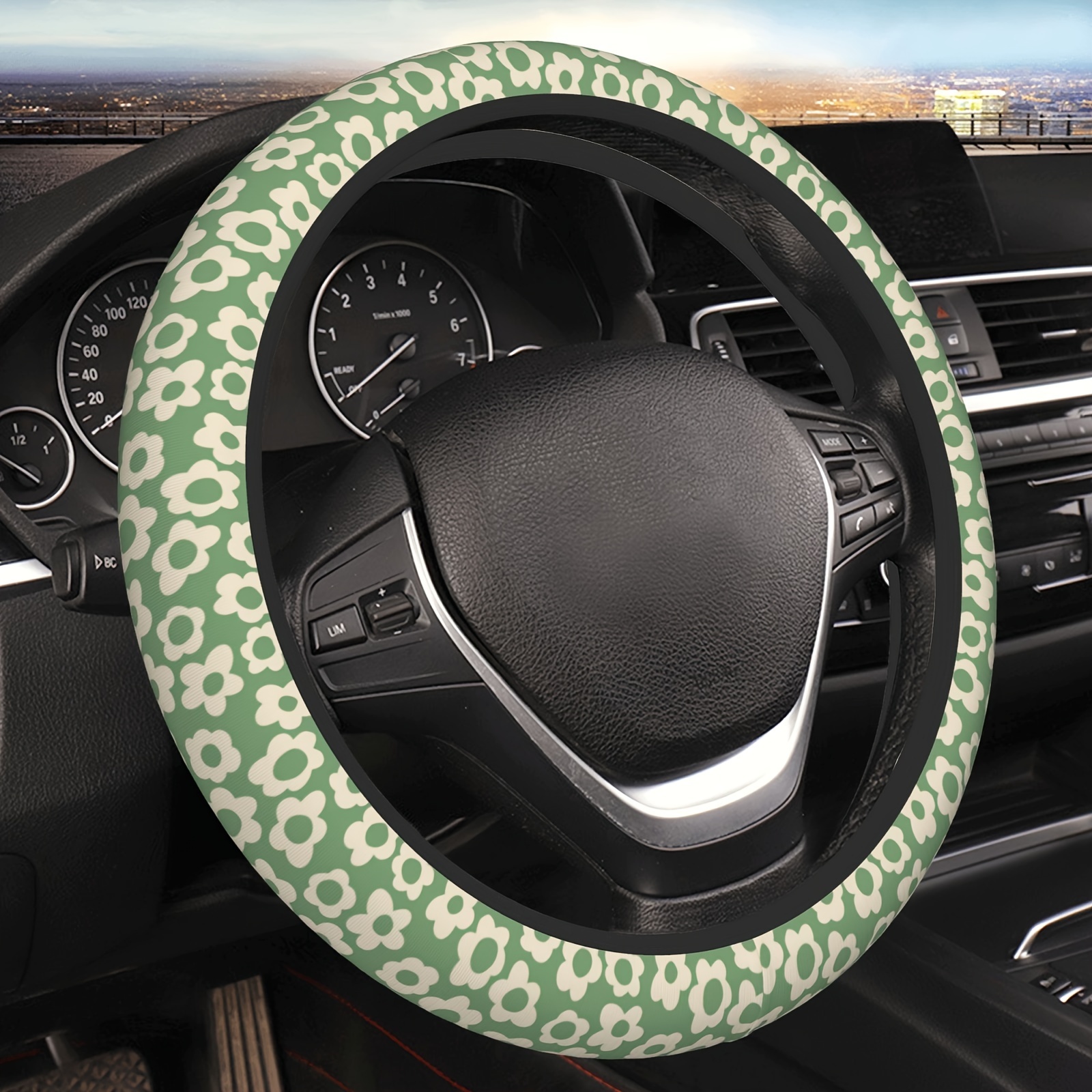 Vintage Funky Green Flower Steering Wheel Cover Universal 15 Inch For Men And Women, Green Flower Car Accessories, Bohemian Steering Wheel Cover