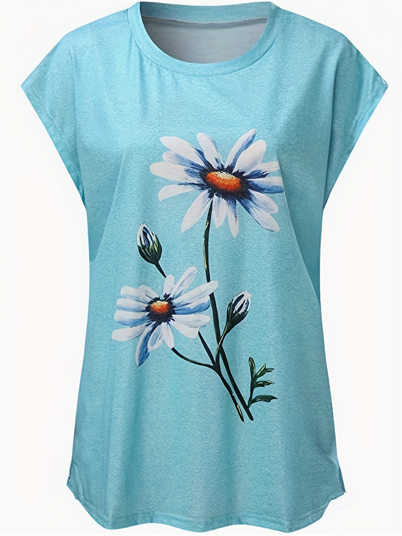 Floral Print Cap Sleeve Top Summer Crew Neck Casual Top