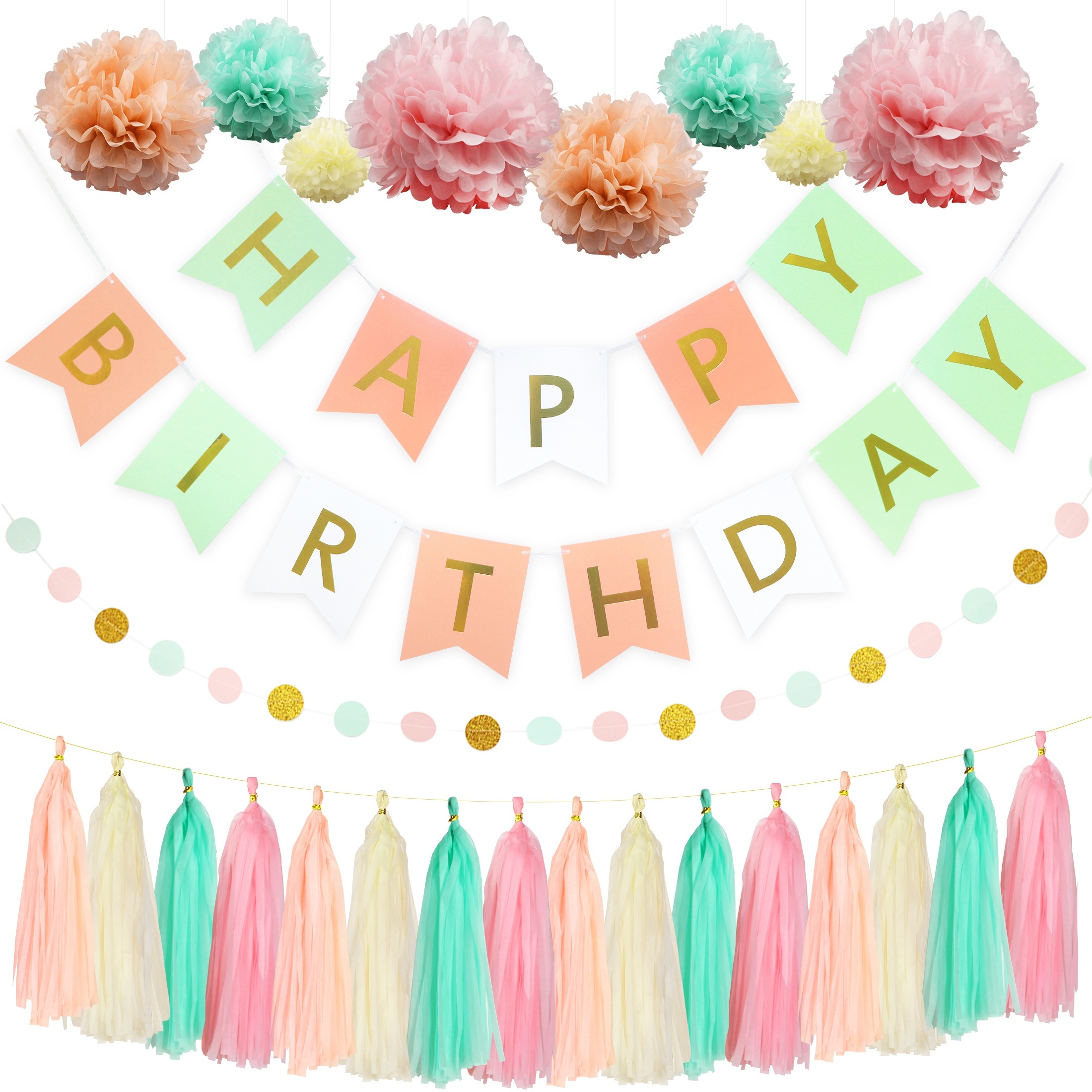 Suministros de decoración de cumpleaños, coloridos adornos de cumpleaños,  pancarta de “Happy Birthday”, pompones de flores, guirnalda, remolino para