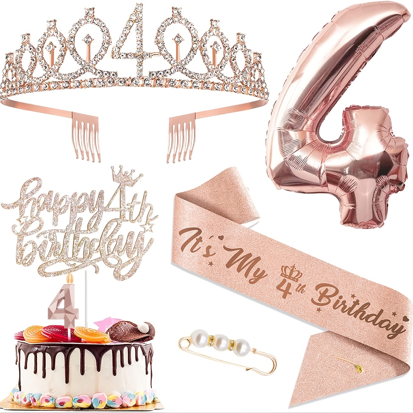 5th Birthday Decorations for Girl, Including 5th Birthday Crown/Tiara,  Sash, Happy Birthday Cake Toppers and Number 5 Candles, Pink Birthday Party