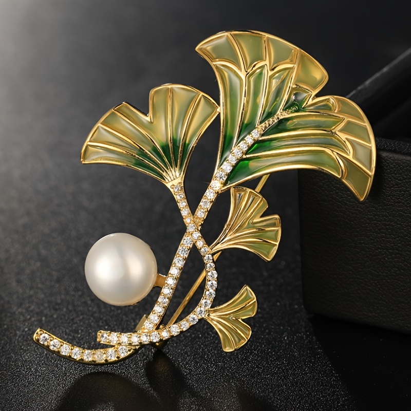 1pc Women's Gold-tone Faux Pearl Leaf Shaped Brooch Pin, Elegant