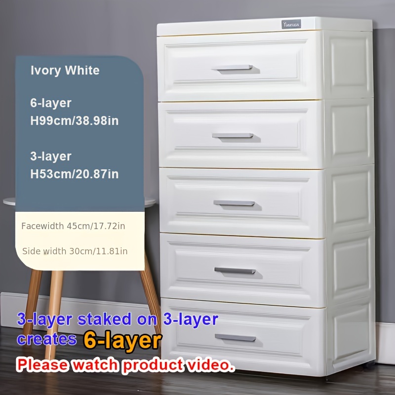 PP Plastic Storage Cabinet w/5 Drawers, Stackable Vertical Clothes