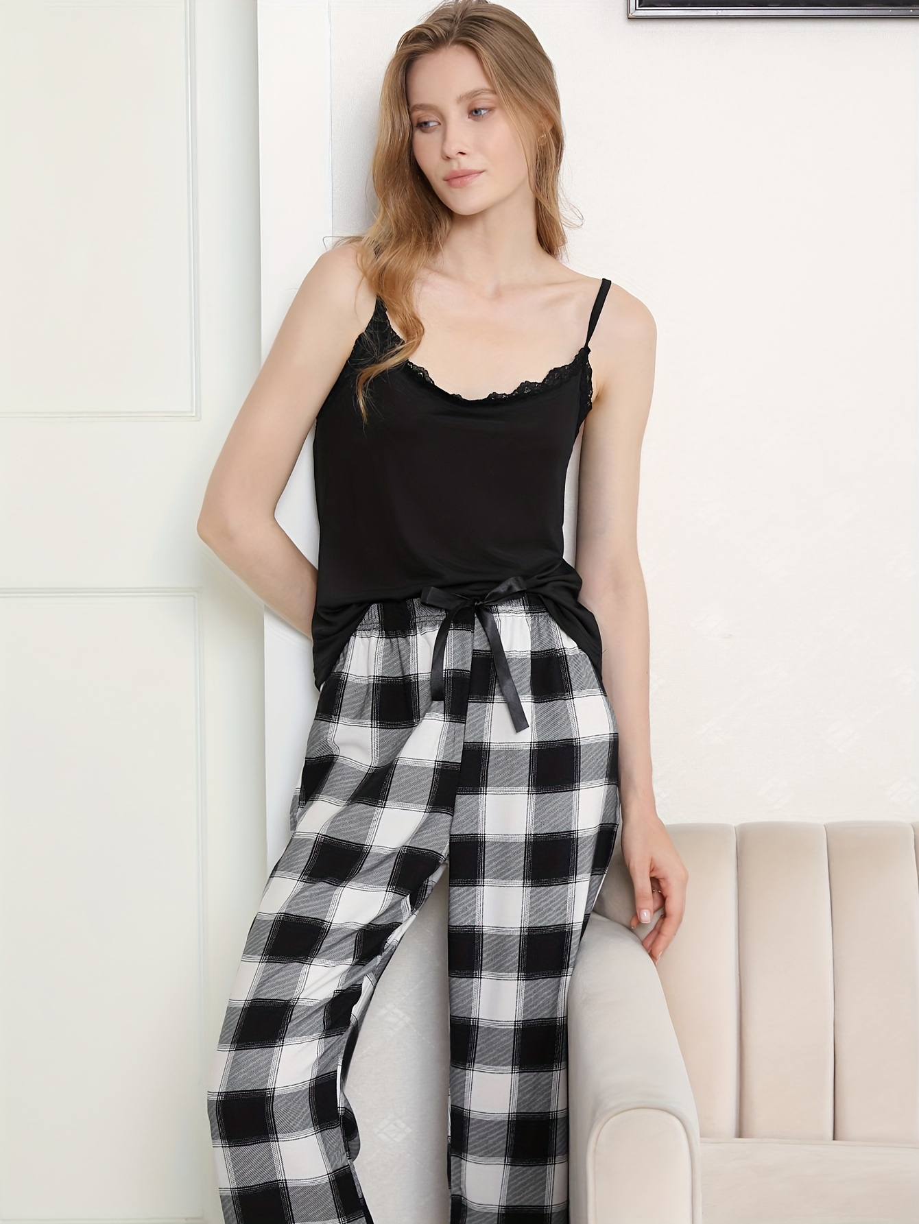 Casual Plaid Pajama Set Solid Cami Crop Top Lace Bow Pants - Temu