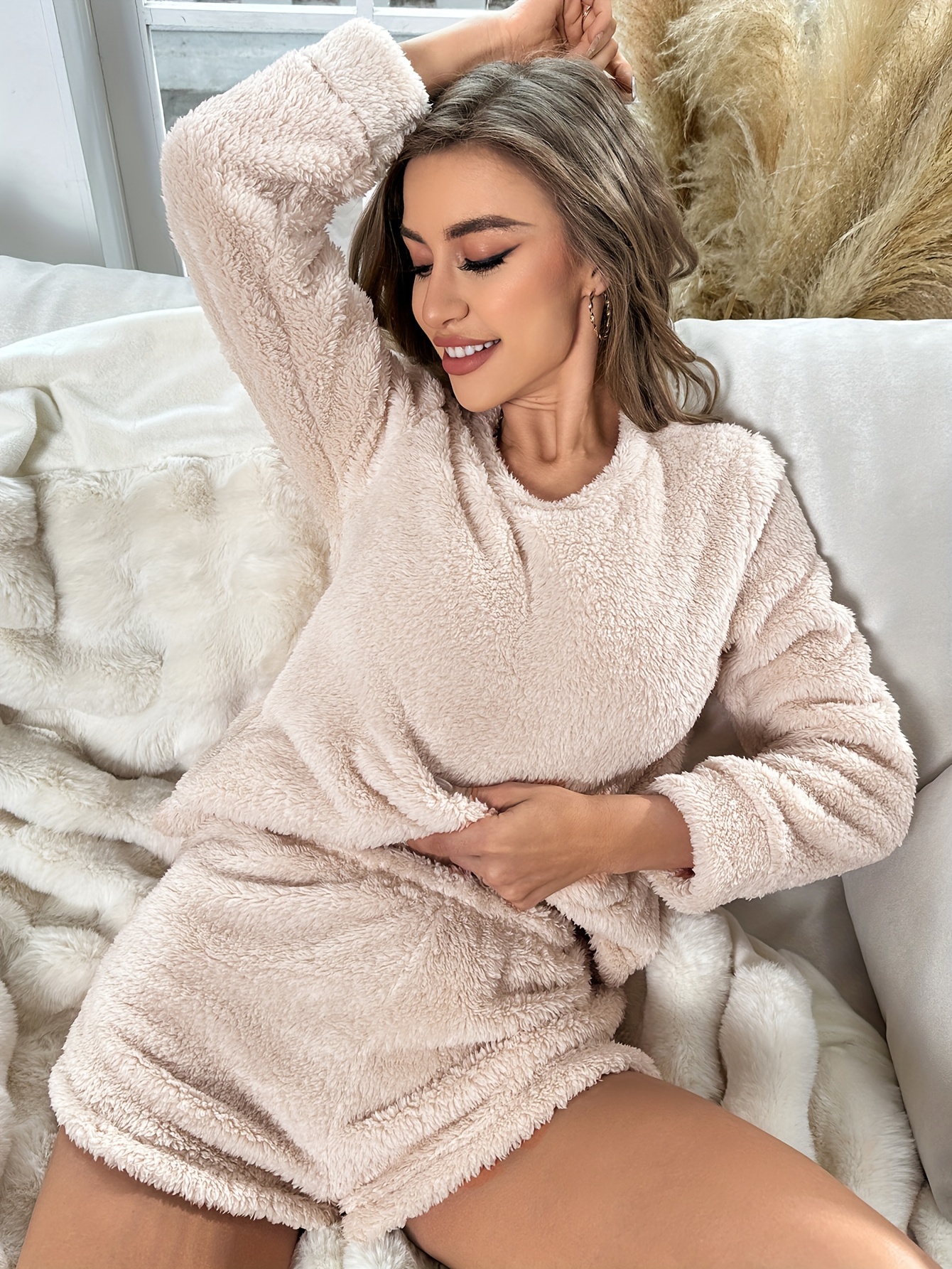 Solid Fuzzy Pajama Set, Long Sleeve Crew Neck Top & Elastic Waistband  Pants, Women's Sleepwear & Loungewear