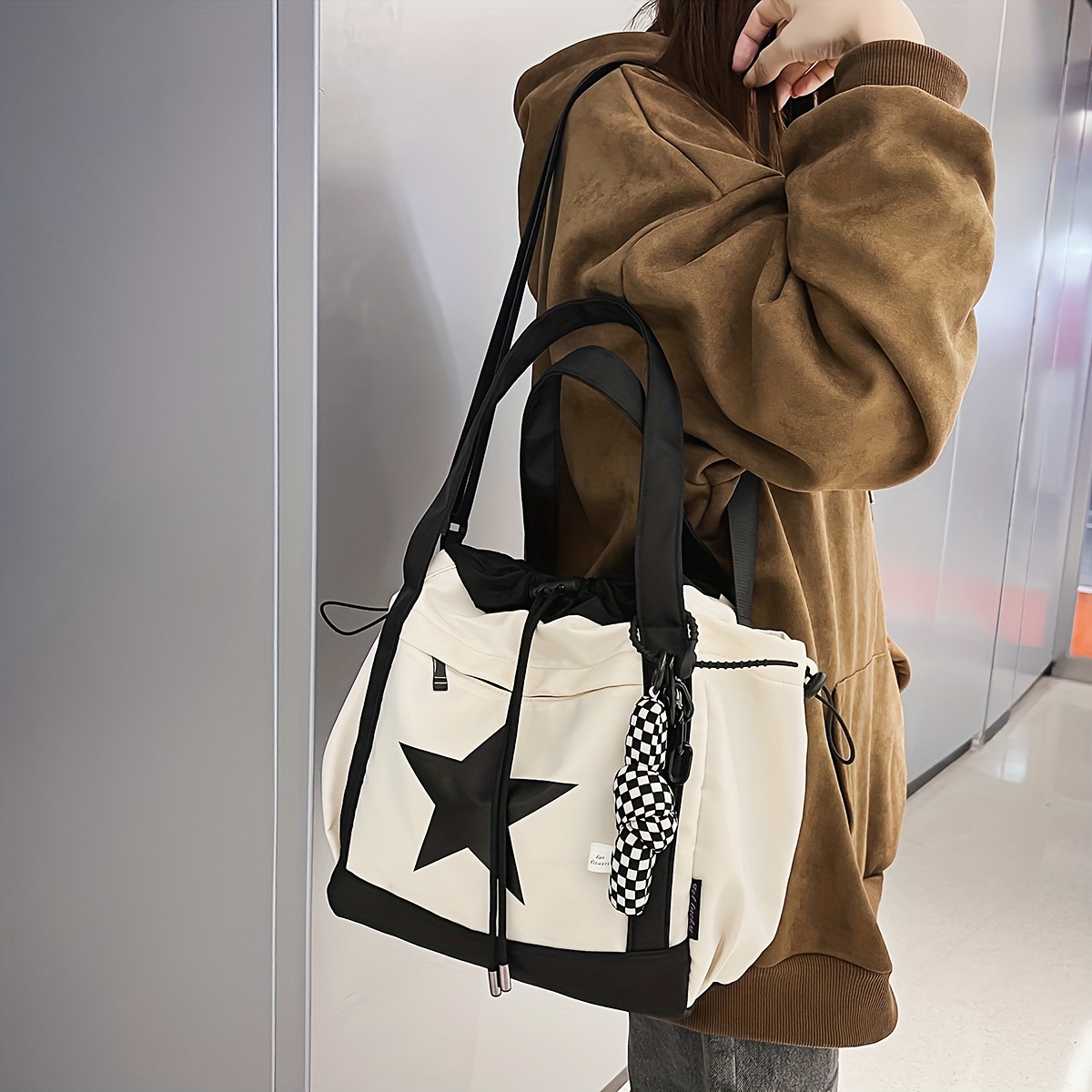 TEMU Bolso casual con cordón y diseño moderno de bloques de color con estampado de estrellas, bolso versátil para