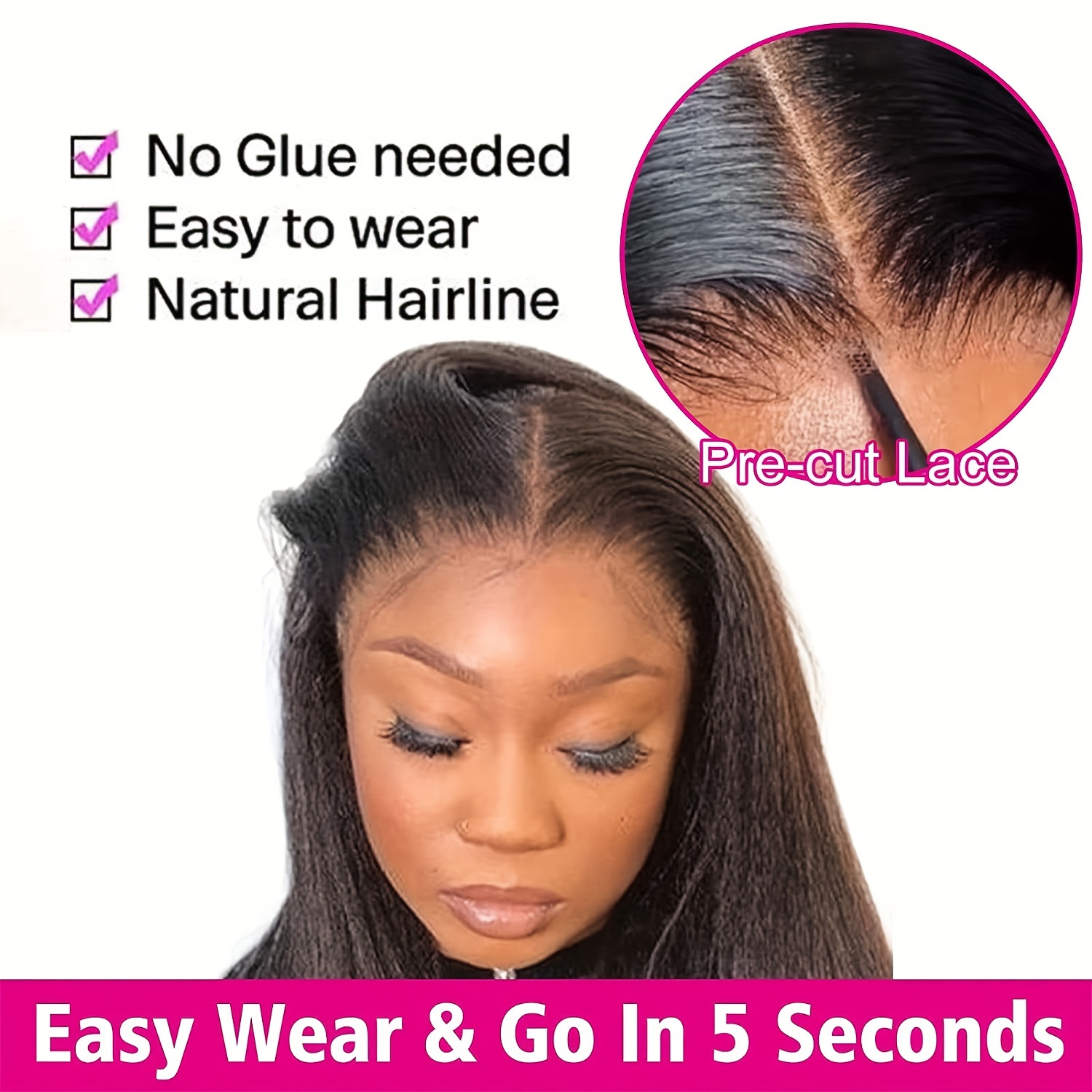 Wear And Go Glueless Wig Kinky Straight Lace Pre Cut 4x4 Hd - Temu