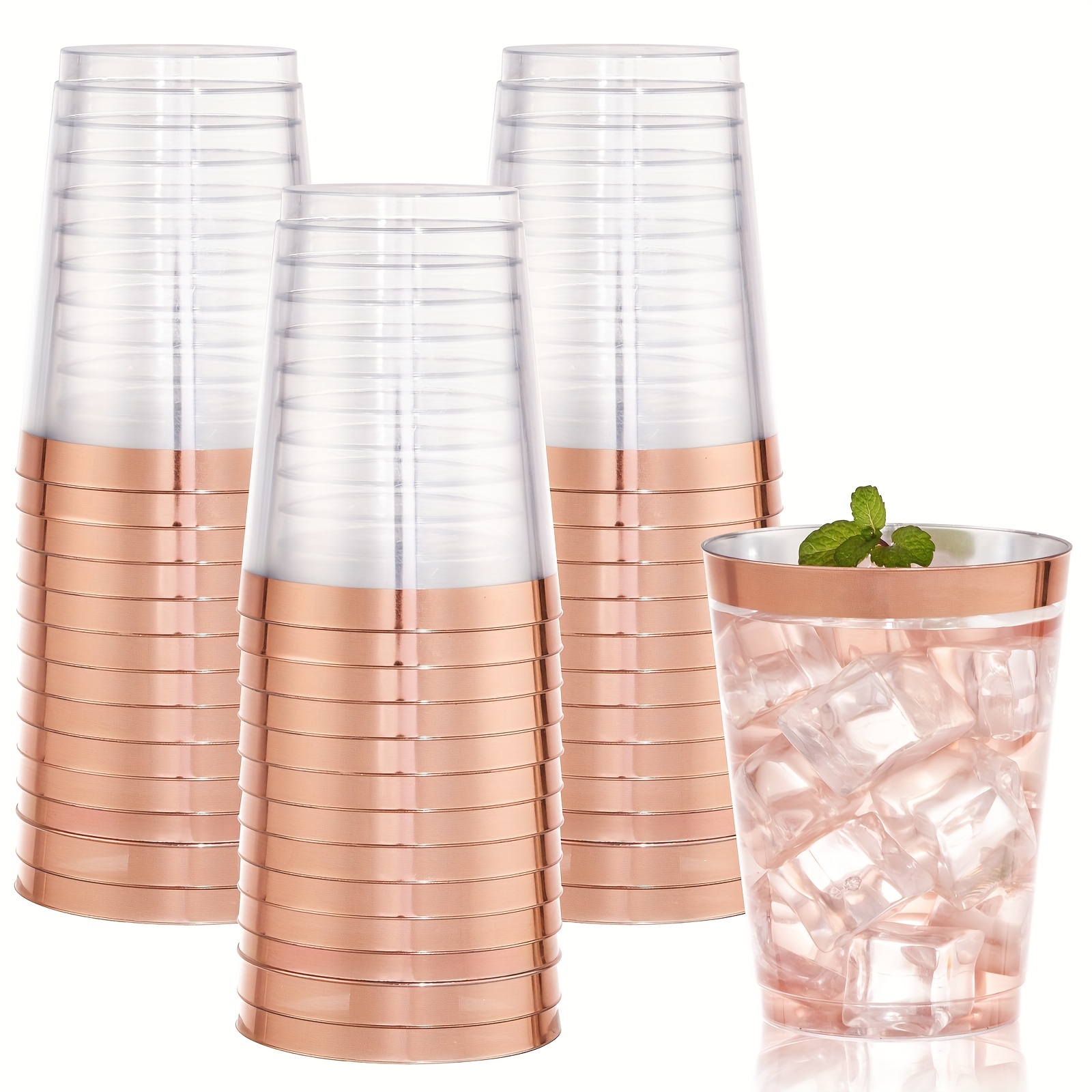  Paquete de 50 vasos de plástico con borde de oro rosa, 9 onzas,  vasos desechables de color oro rosa de alta calidad, copas de vino de plástico  duro transparente para reuniones