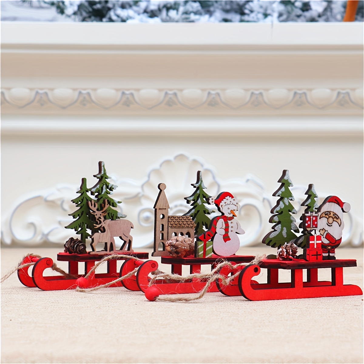 1pc Christmas Wooden Crafts, Holiday Assembly, Home Mini Sled Car Desktop  Decoration