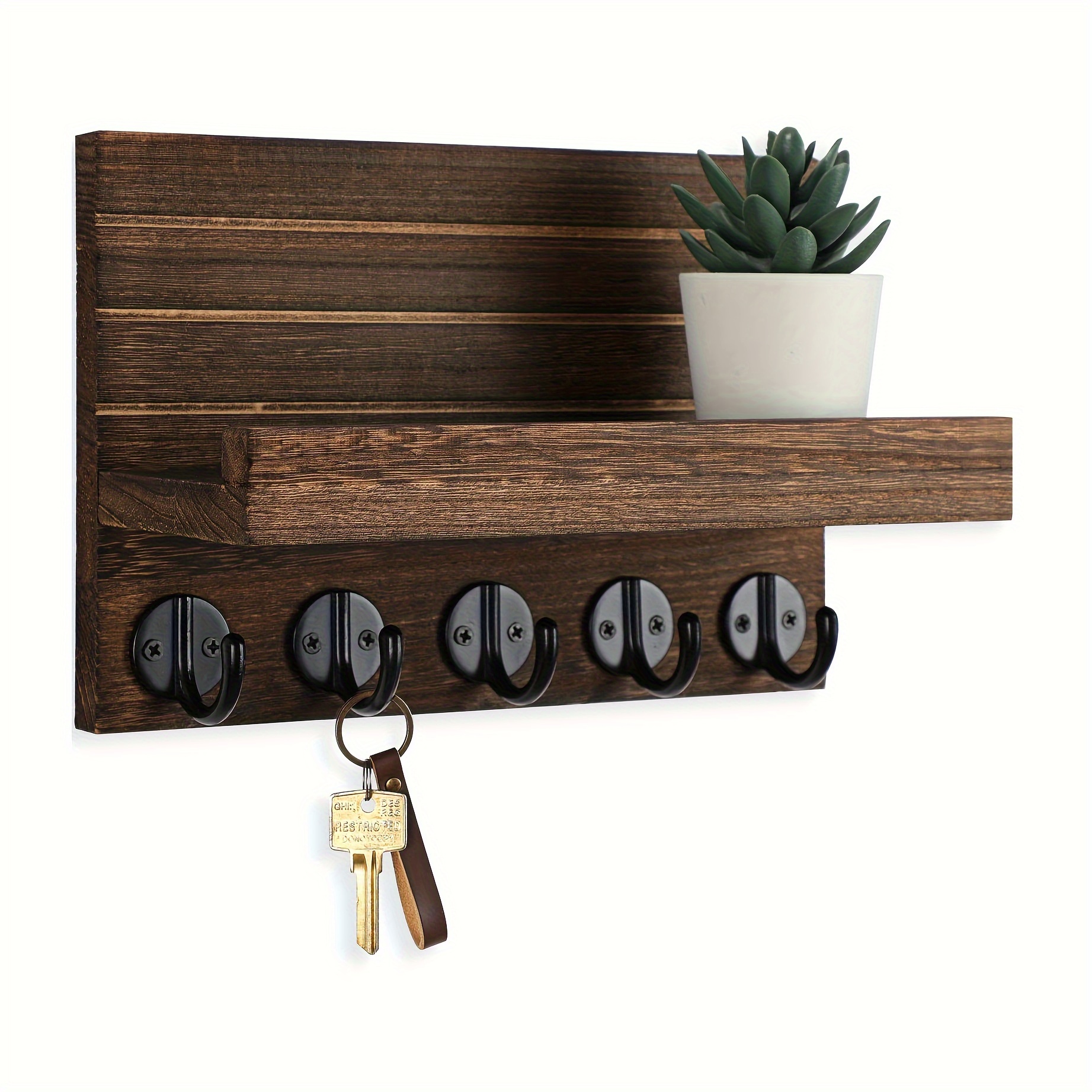 Soporte para llaves de madera negra, organizador de correo montado en la  pared y colgador de llaves, estante moderno de entrada de granja con 4