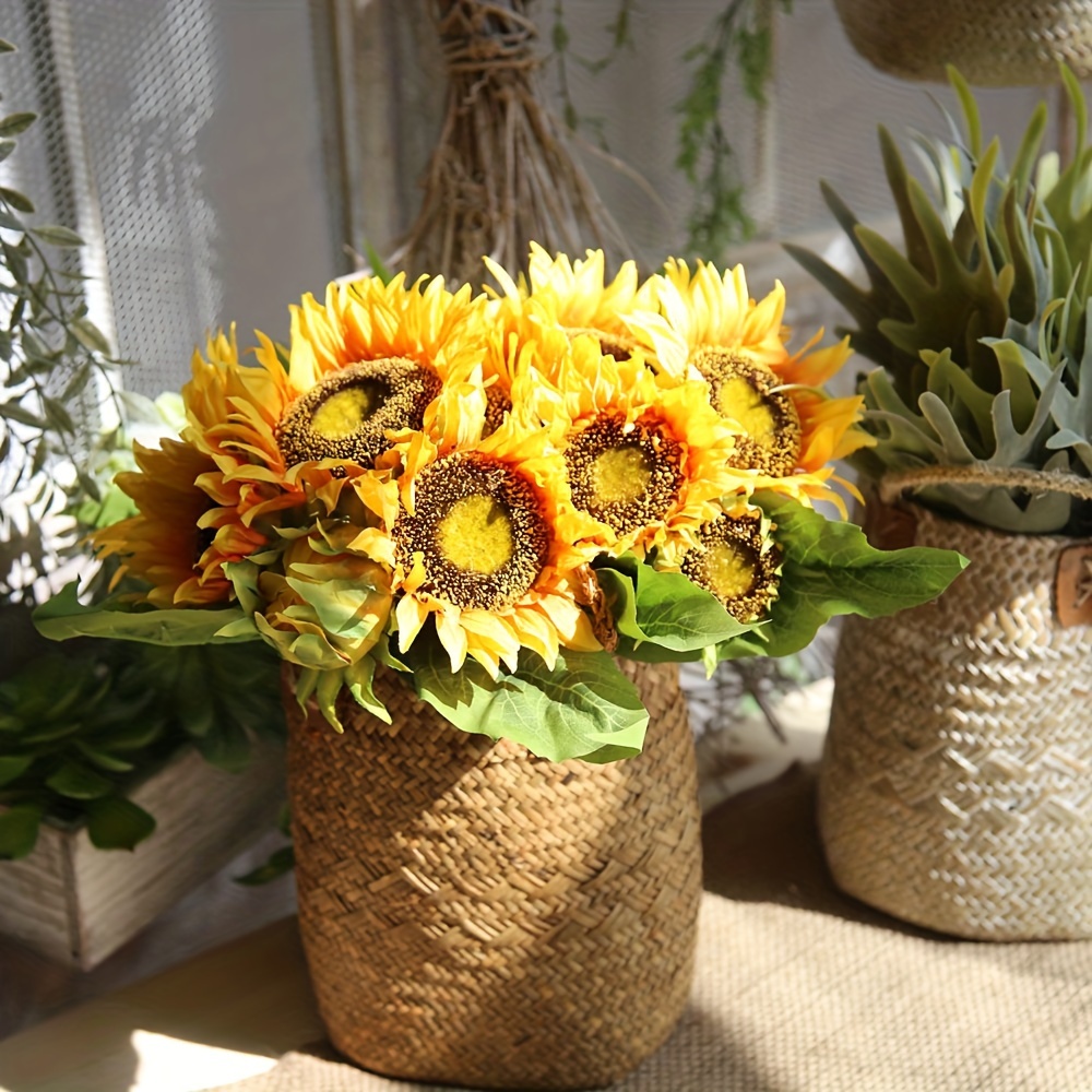 Ramo de girasoles artificiales de 17 pulgadas, flores amarillas de seda  falsa con tallos realistas para bodas, centros de mesa, centros de mesa