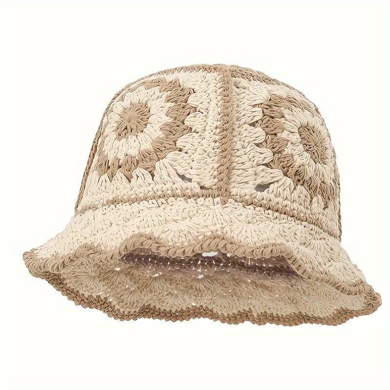 Flower Pattern Crochet Hat, Hollow Out Breathable Warm Bucket Hat, Vintage & Elegant Fisherman Hat For Women