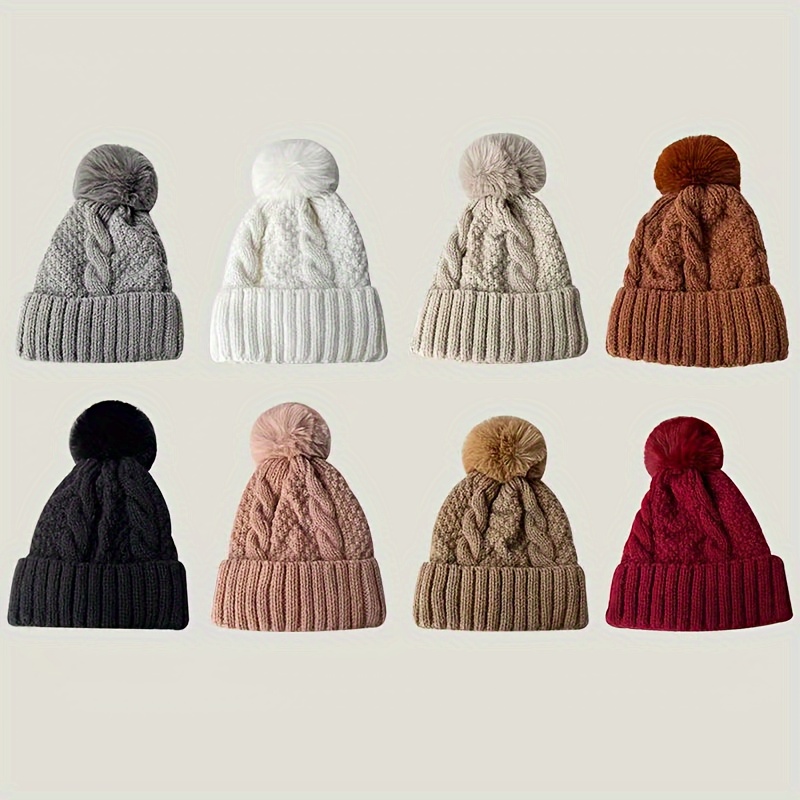 Solid Twisted Beanie Hat with Pom Poms, Fashionable Chunky Soft Warm Cable Knit Hat,Temu