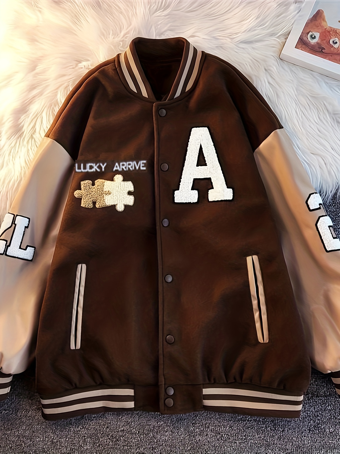 Men's Plus Size College Varsity Jacket, Loose Warm Fleece Button Baseball  Jacket, Casual Streetwear Coats With Creative Letters Print - Temu