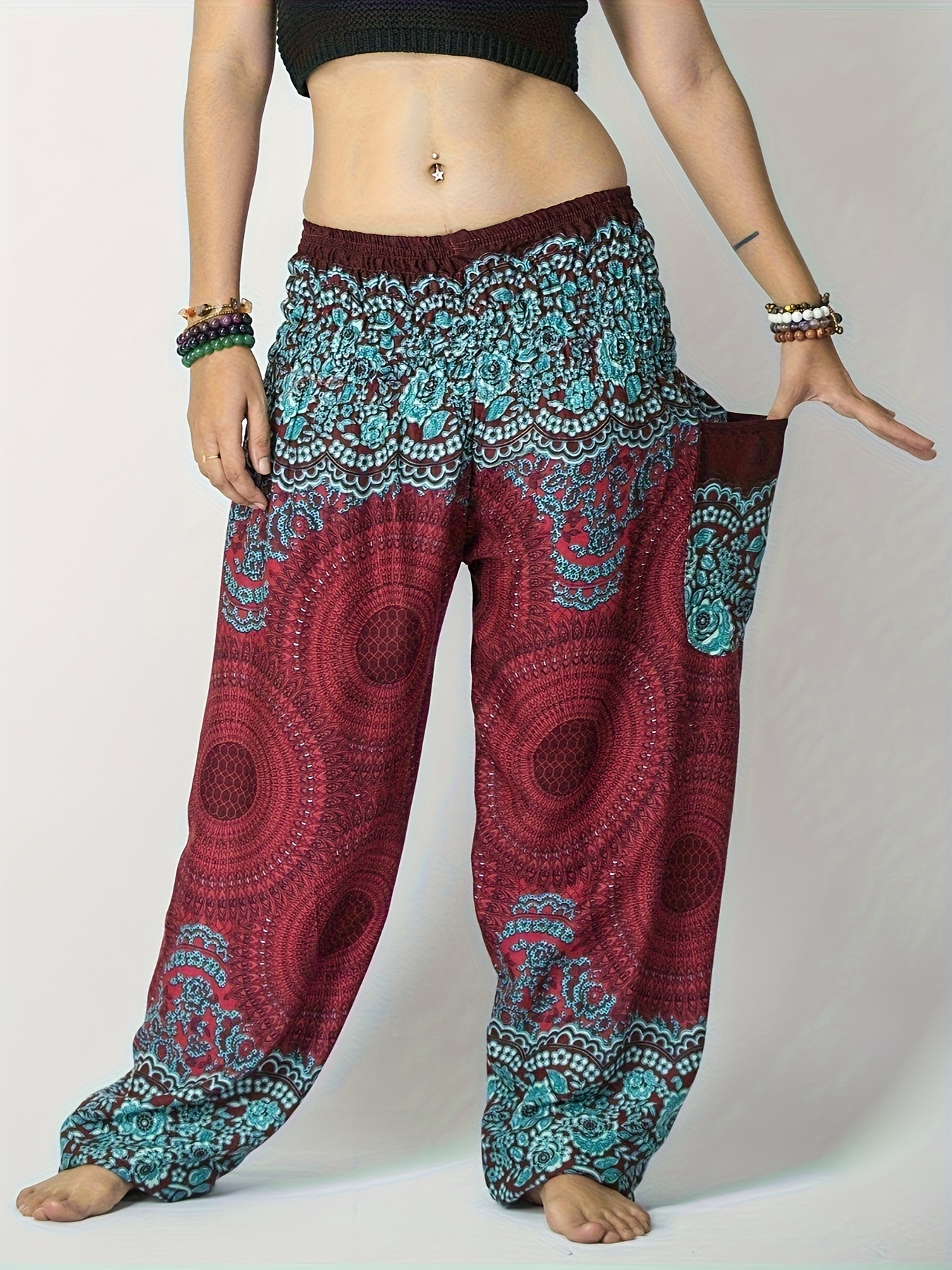 Plus Size Boho Pants, Women's Plus Paisley Print Slight Stretch Beach Pants  With Pockets