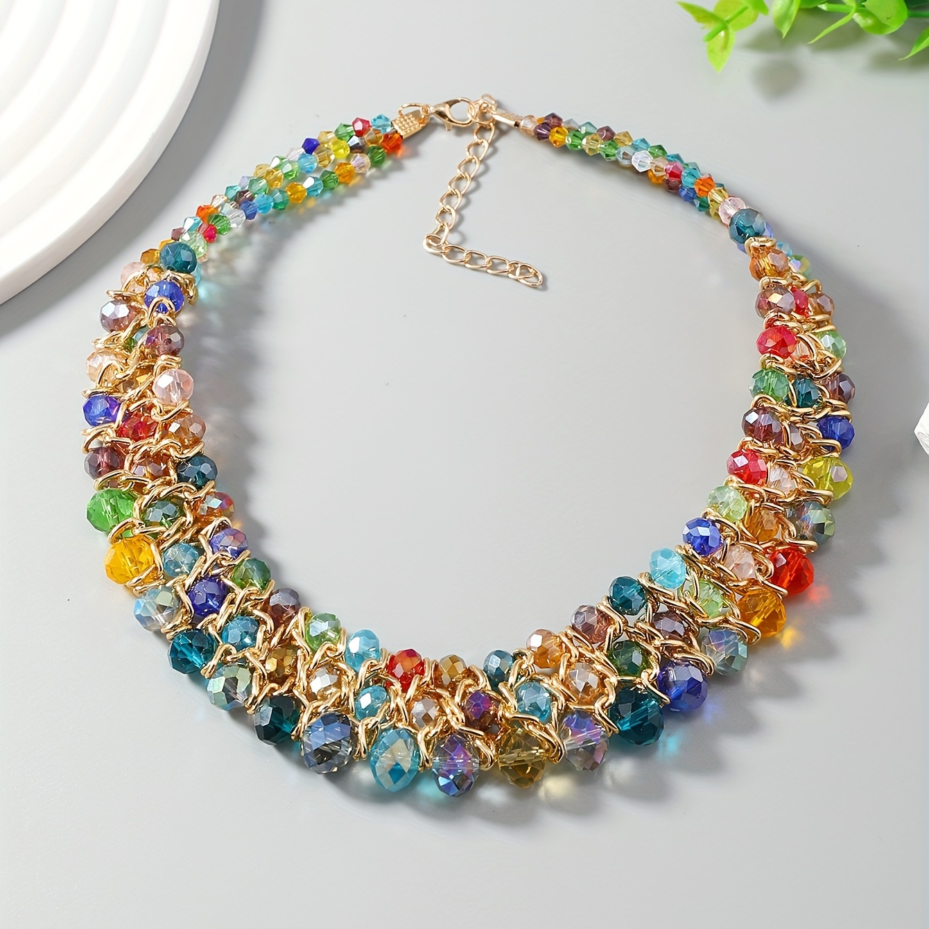 Multicolor Triple Row Crystal Beaded Necklace, Summer Beach Decor