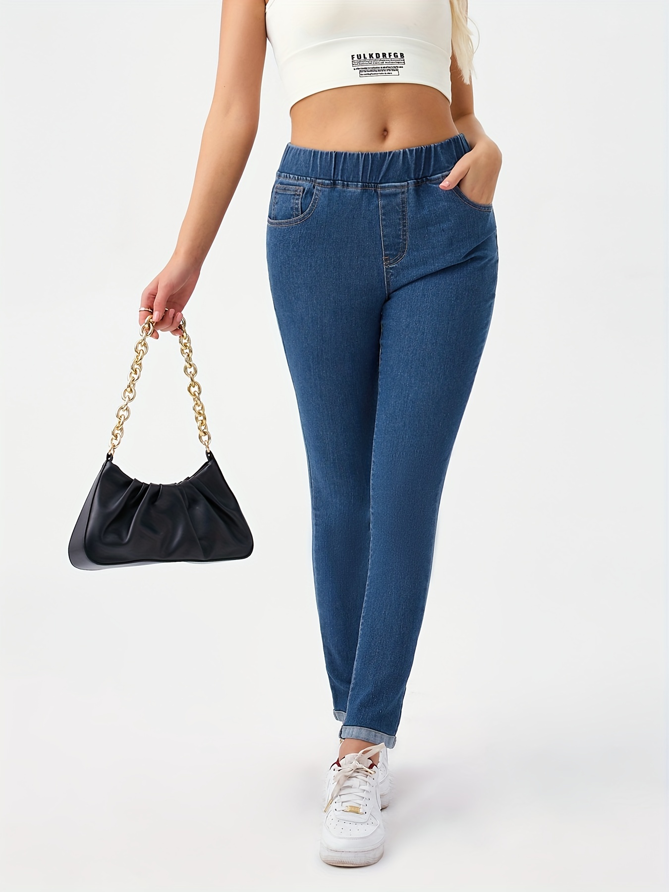 Blue Drawstring Elastic Waist Skinny Jeans, Slim Fit * Stretch Versatile  Denim Pants, Women's Denim Jeans & Clothing