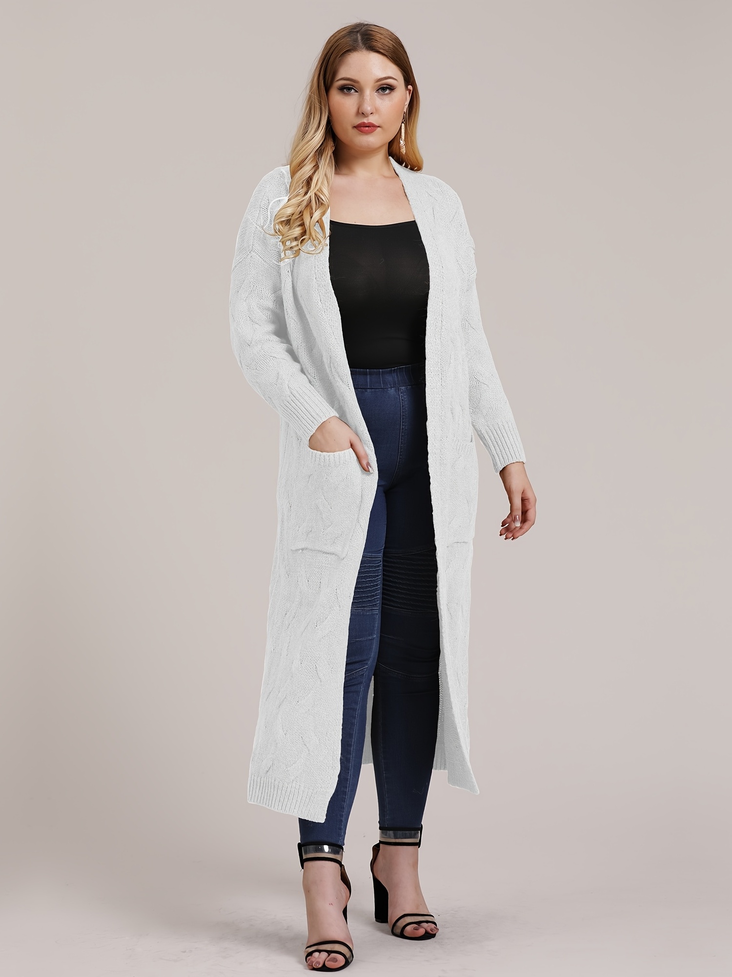 Plus Size Rib Knit Solid Long Sleeve Cardigan Pocket Women's - Temu