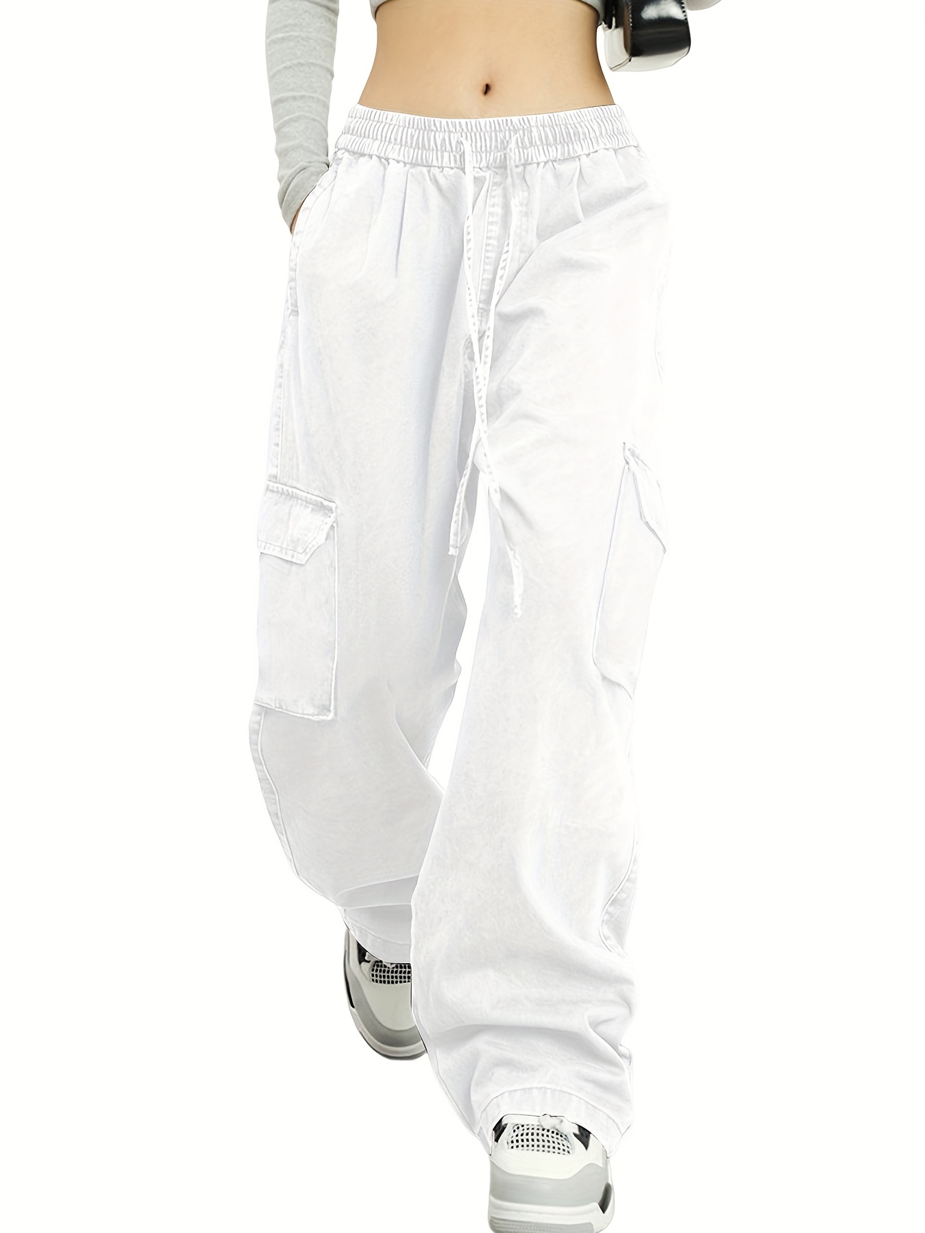 White Flap Pockets Cargo Pants Loose Fit Slight stretch - Temu