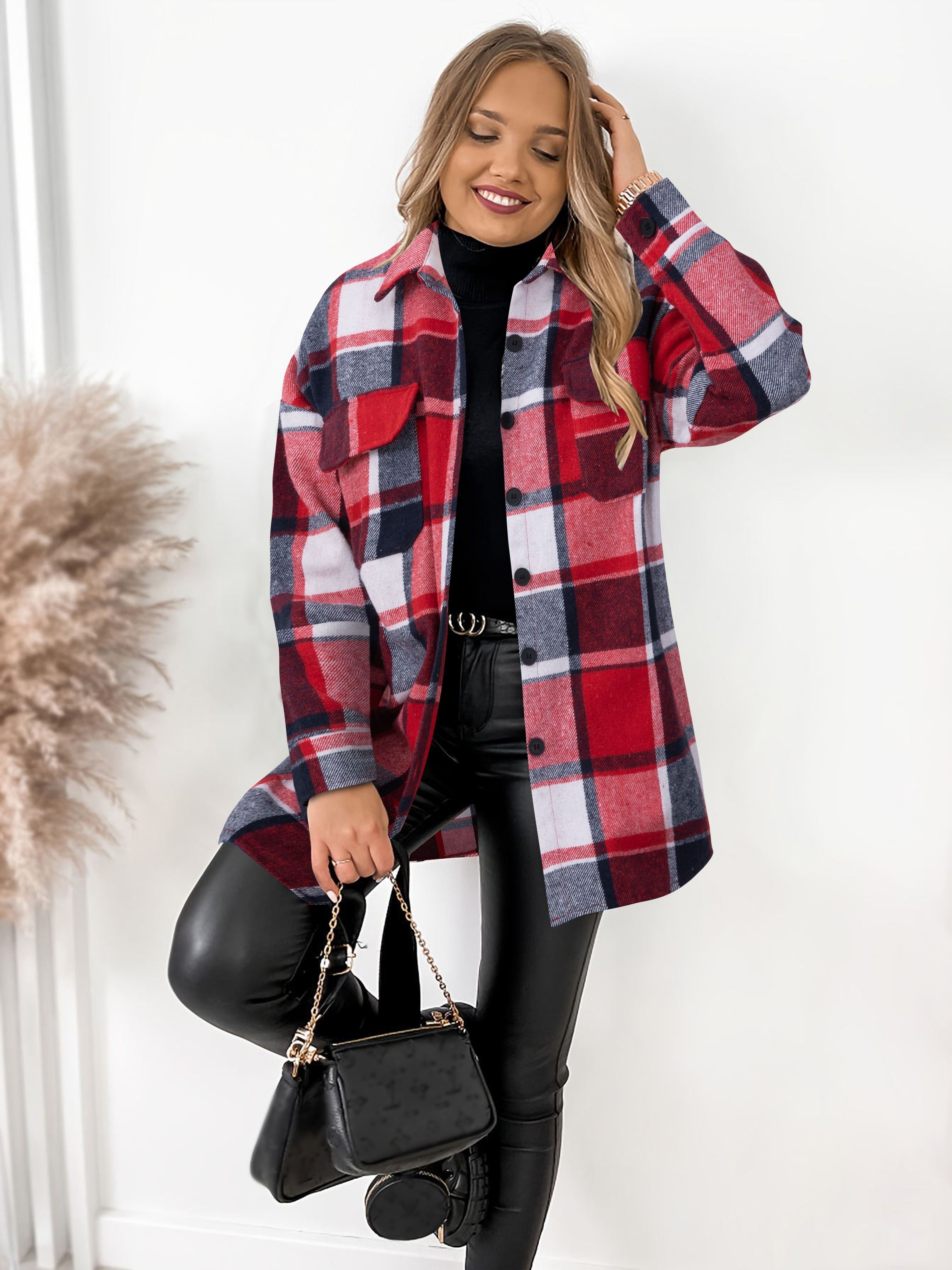 Women's Plaid Blouse Jacket Single Breasted Cardigan Fall Long Shirt Coat  Business Casual Outwear with Pocket (L, Red) 