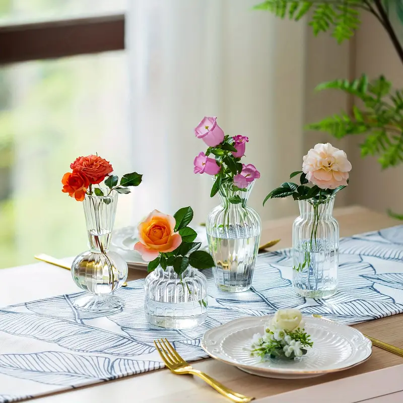 4/8Pcs Modern Clear Glass Bud Vase Bulk Set: Small Mini Flower Centerpieces  Vases Handmade Decorative Cute Short Window Corner Home Decor For Wedding