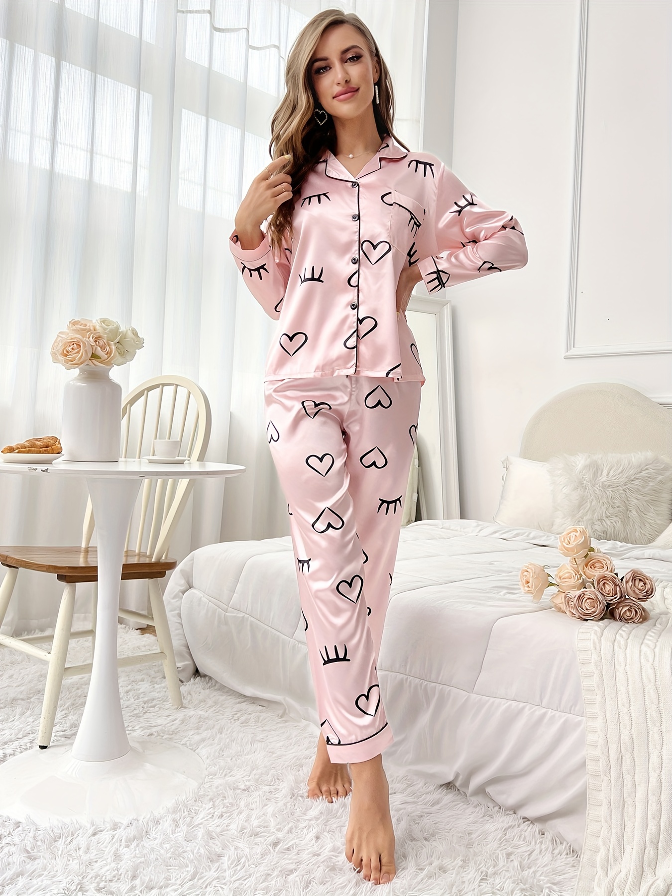 Women Pajamas 3-Piece Set Polka Dot Robe Sling Top Pants Silky