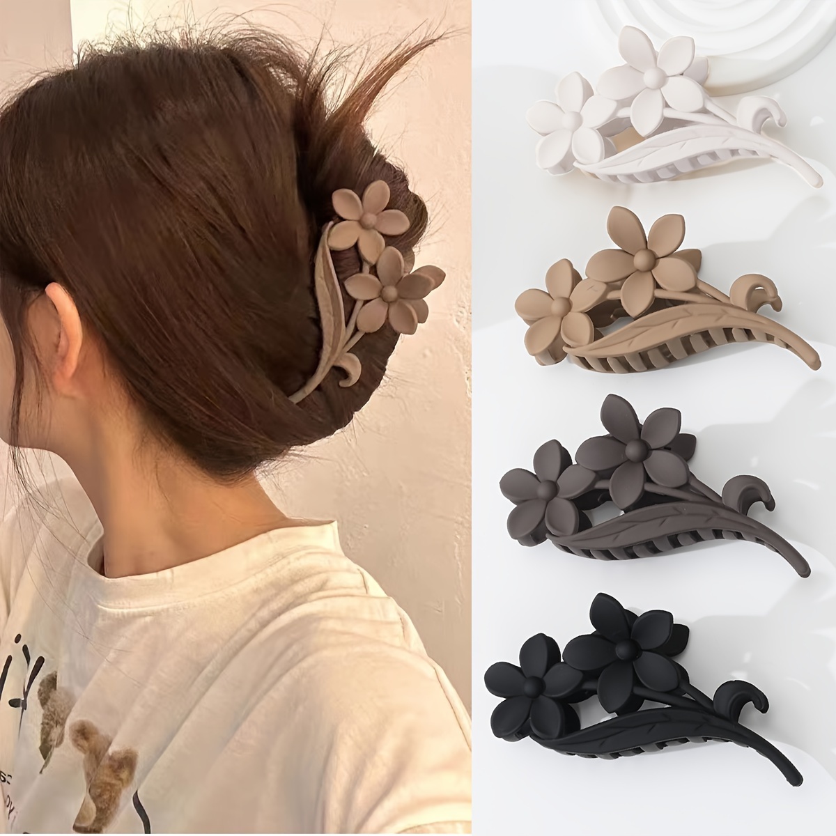 

4-piece Set Vintage Matte Floral Hair Claw Clips - Non-slip, Strong Grip For Thick & Curly Hair - Perfect For Everyday Wear