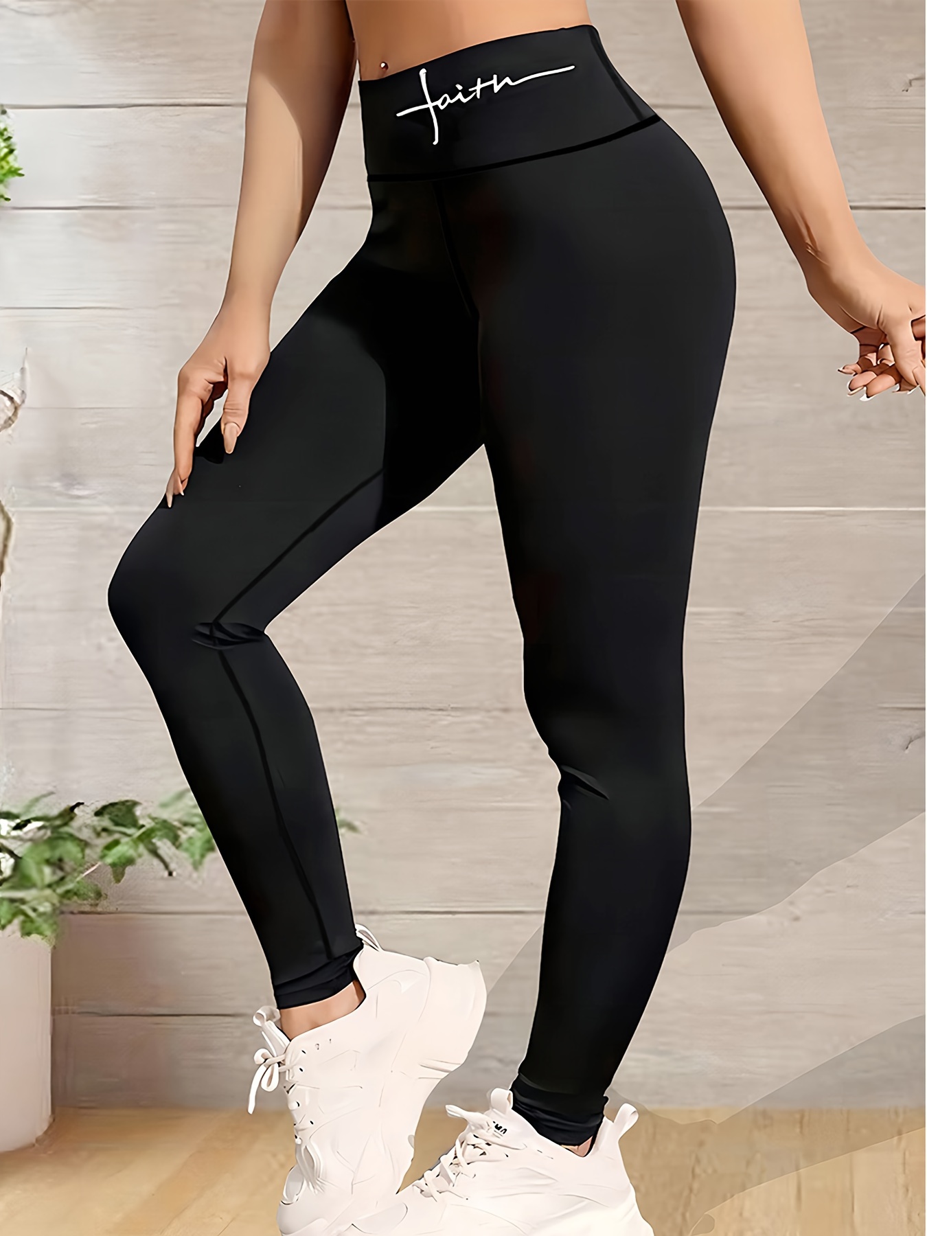 Plus Size Sport Leggings, Damen Plus Buchstaben Druck Po Heben High Rise  Skinny Yoga Laufhose